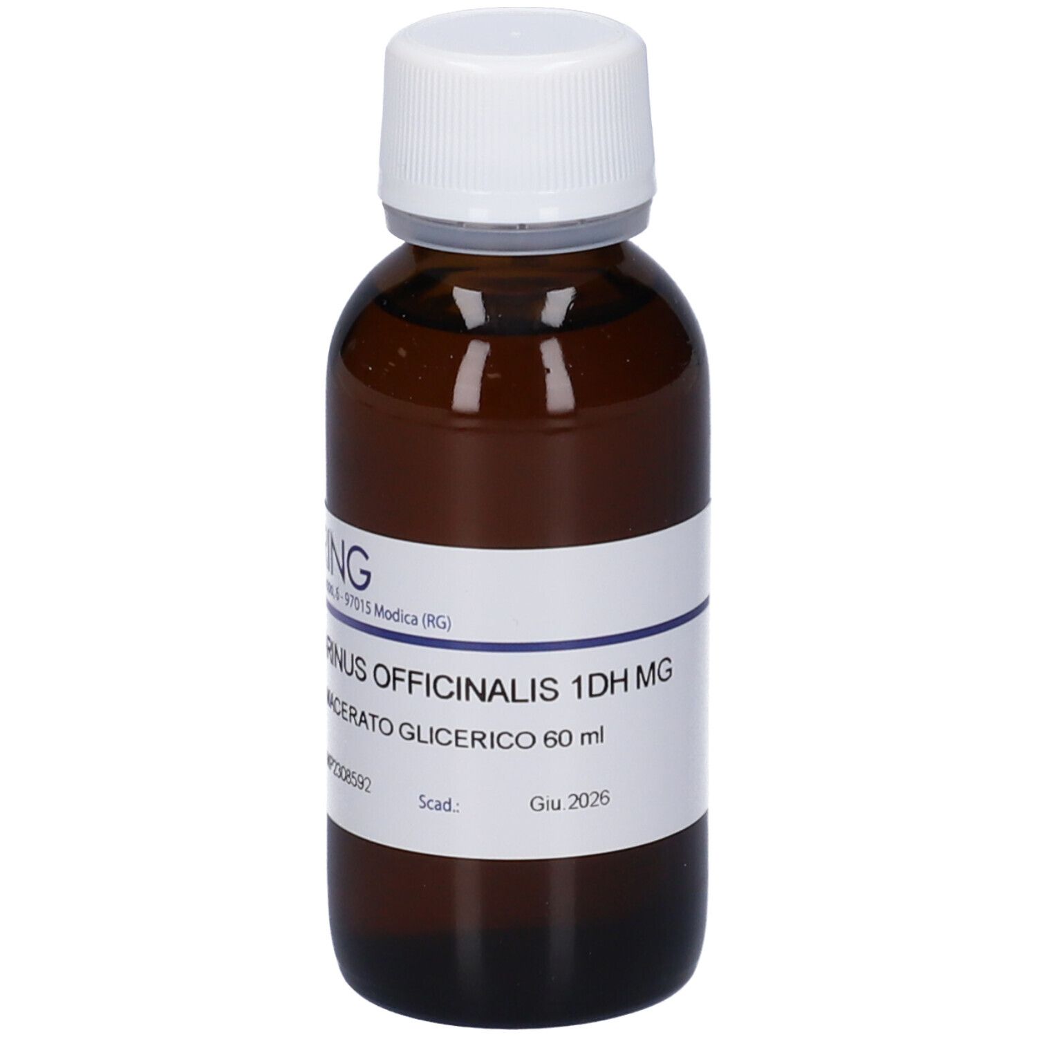 Flacone di vetro marrone con tappo bianco. Etichetta con informazioni sul prodotto. Logo HERING visibile.