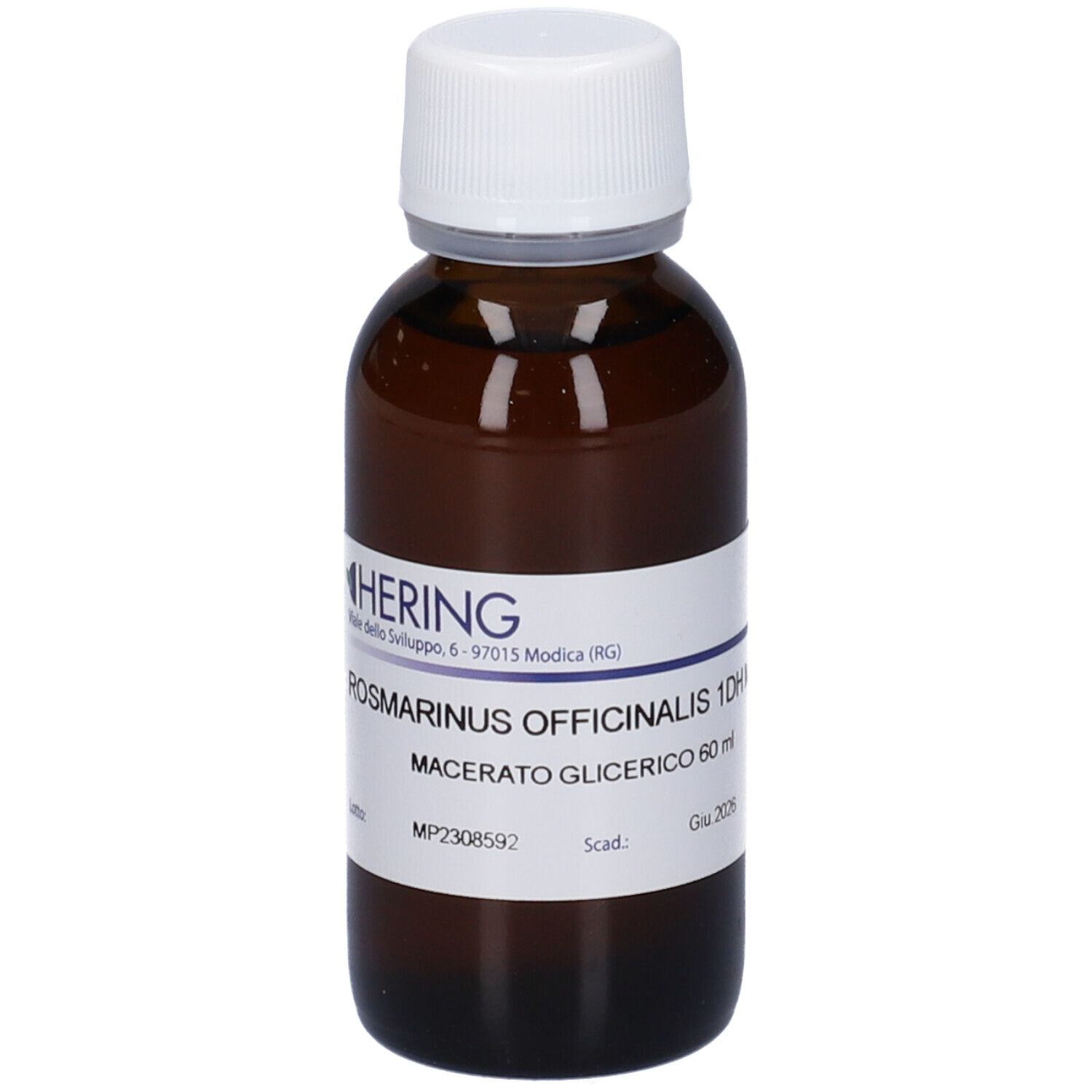 Flacone di vetro marrone con tappo bianco. Etichetta con informazioni sul prodotto. Logo HERING visibile.