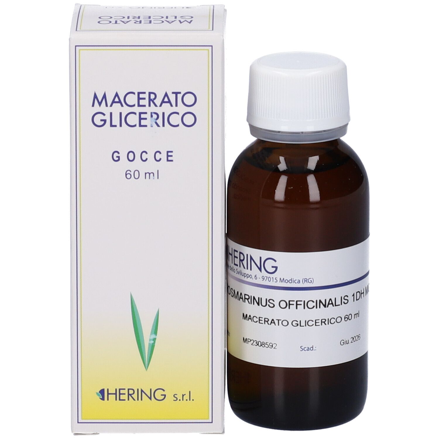 Flacone di vetro marrone con tappo bianco e scatola. Scatola con nome del prodotto e logo. Logo HERING visibile.