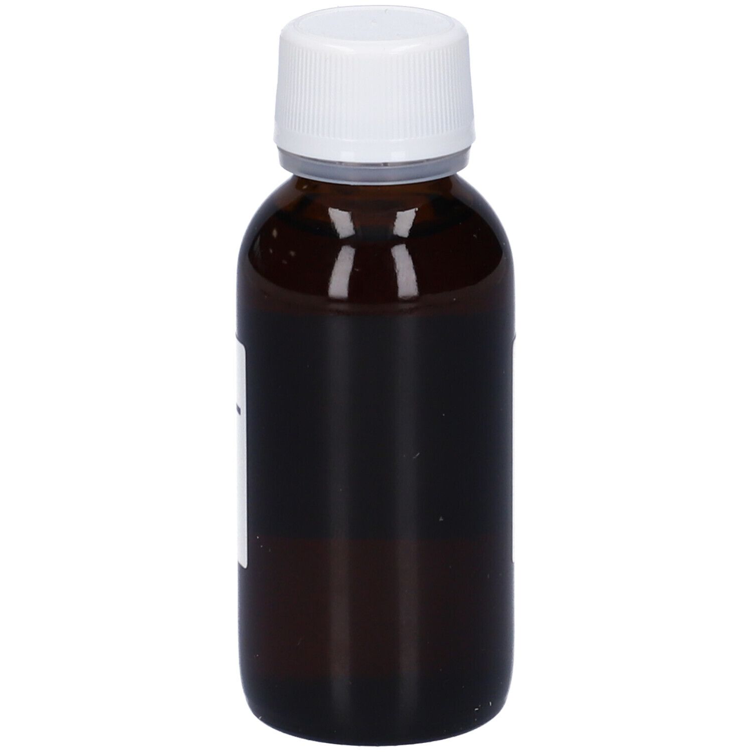Flacone di vetro marrone con tappo bianco. Etichetta illeggibile. Liquido visibile.