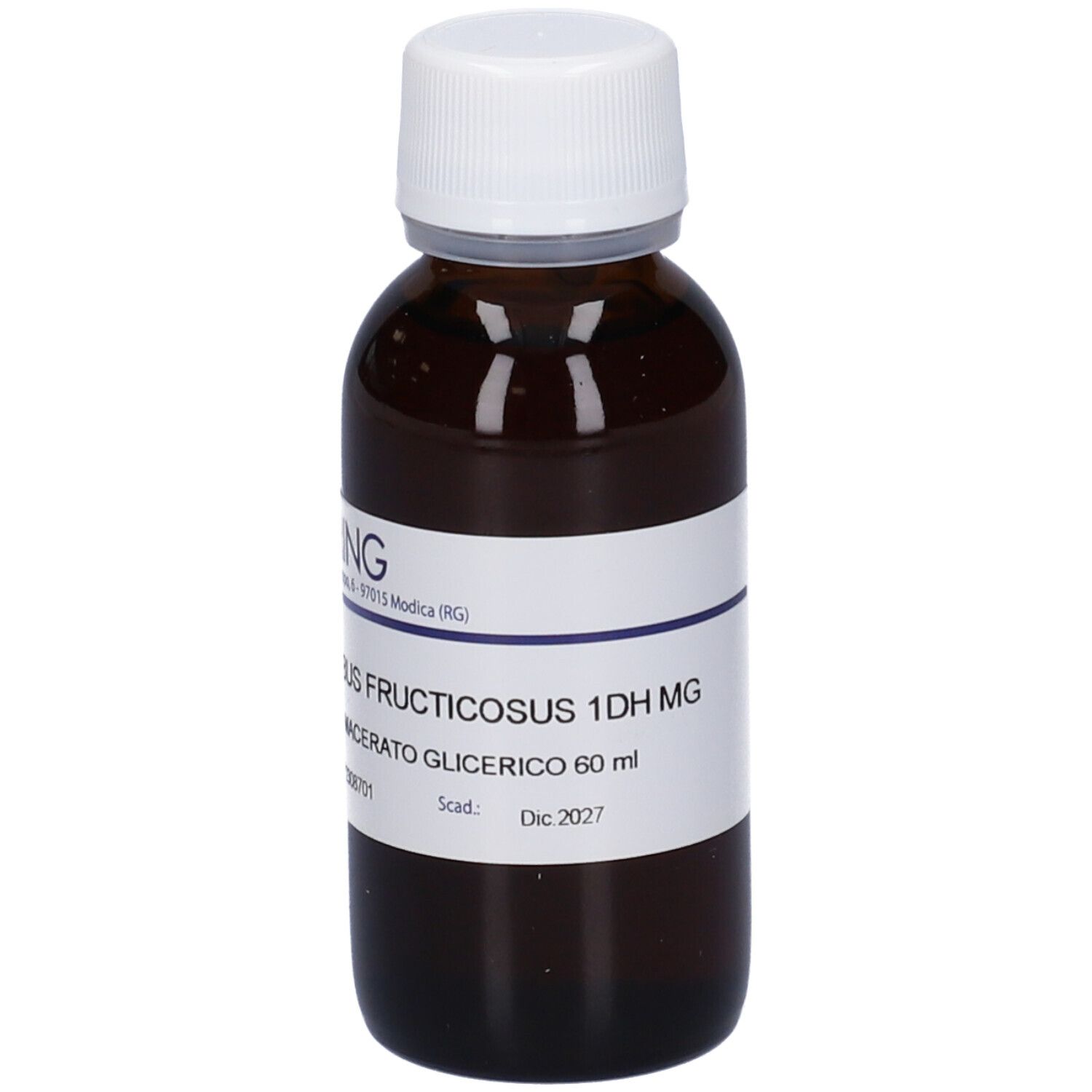 Flacone di vetro marrone con tappo bianco. Etichetta con nome del prodotto e volume. Scadenza: Dicembre 2027.