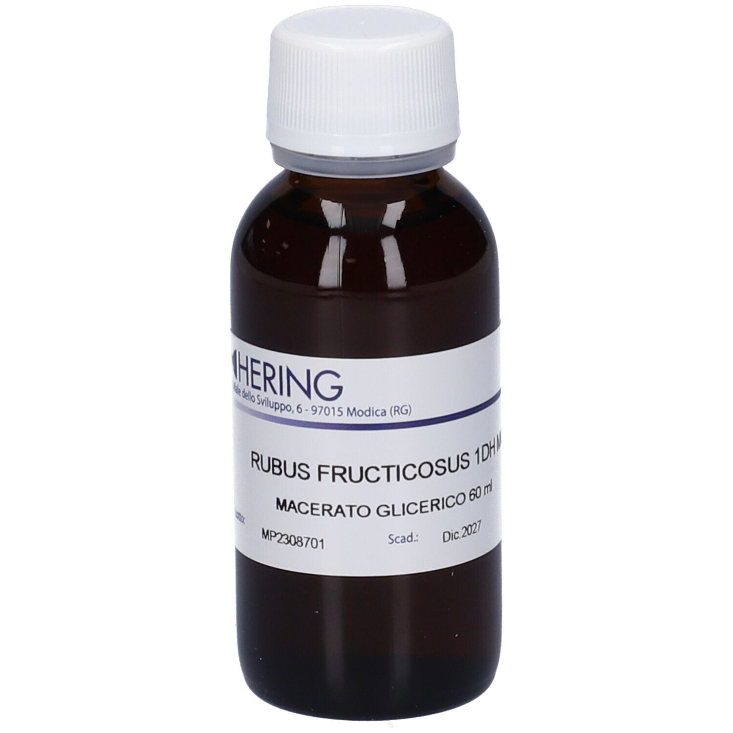 Flacone di vetro marrone con tappo bianco. Etichetta con nome del prodotto e volume. Scadenza: Dicembre 2027.