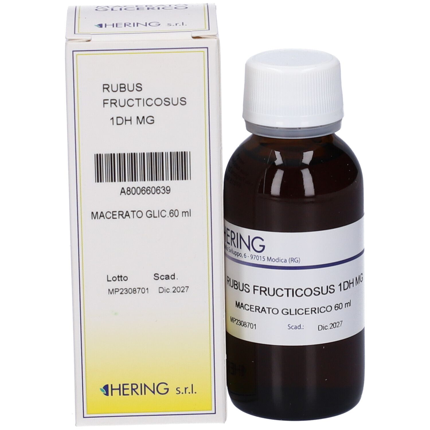 Flacone vetro marrone con tappo bianco e confezione. Etichetta con nome e volume. Scadenza: 2027.
