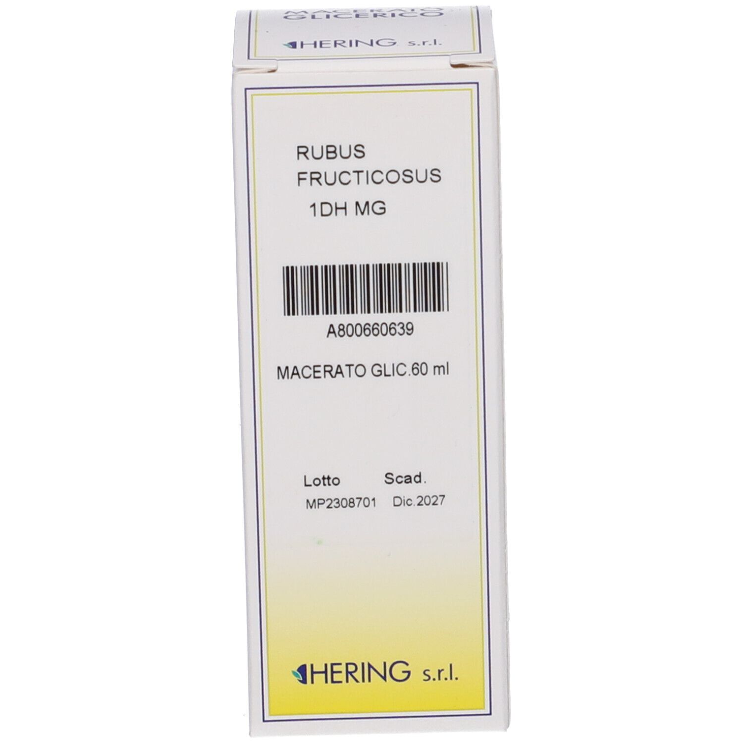 Confezione in cartone con nome prodotto e codice a barre. Logo produttore. Informazioni.