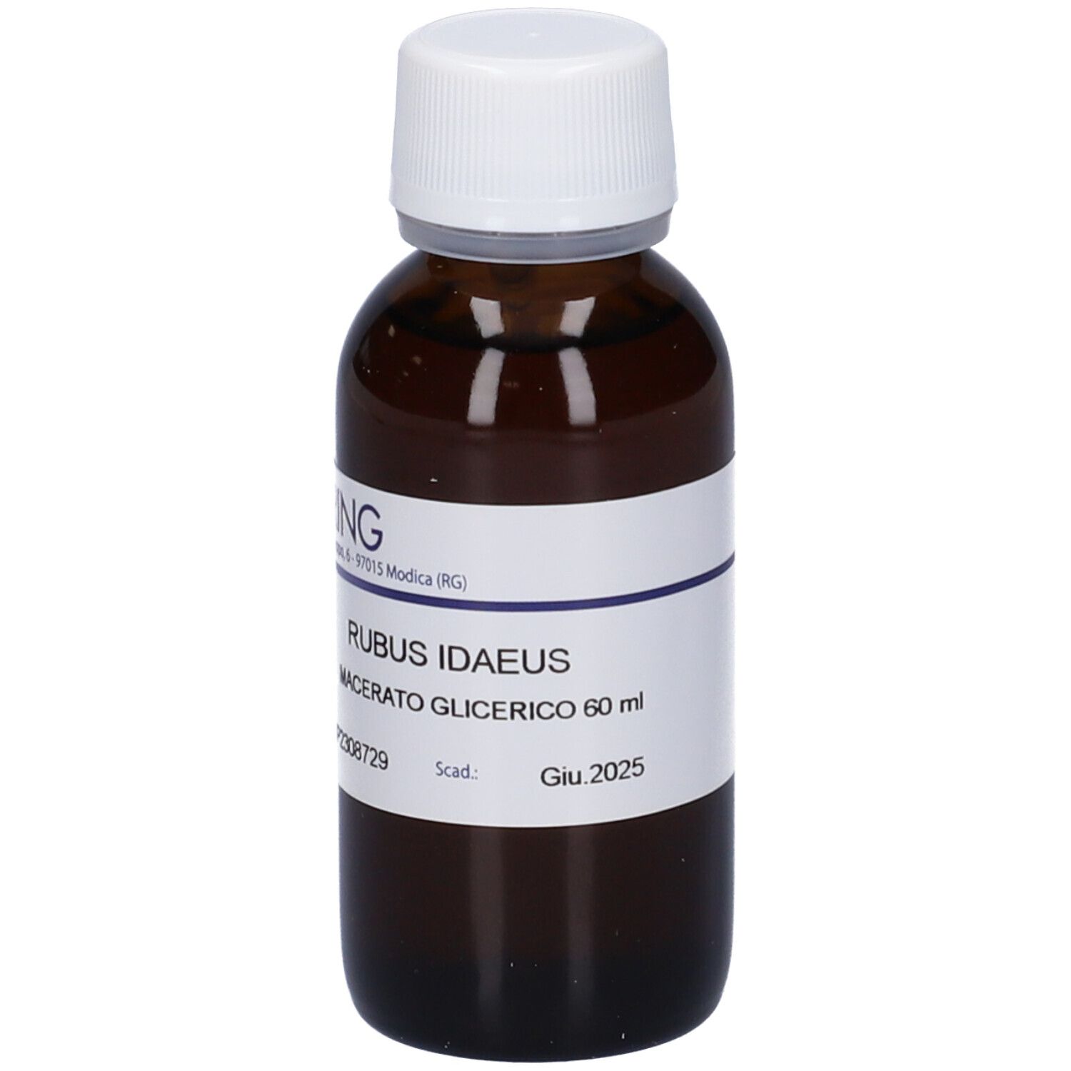 Flacone di vetro marrone con tappo bianco ed etichetta. Scritta: Rubus Idaeus, Macerato Glicerico 60 ml. Marchio Hering.