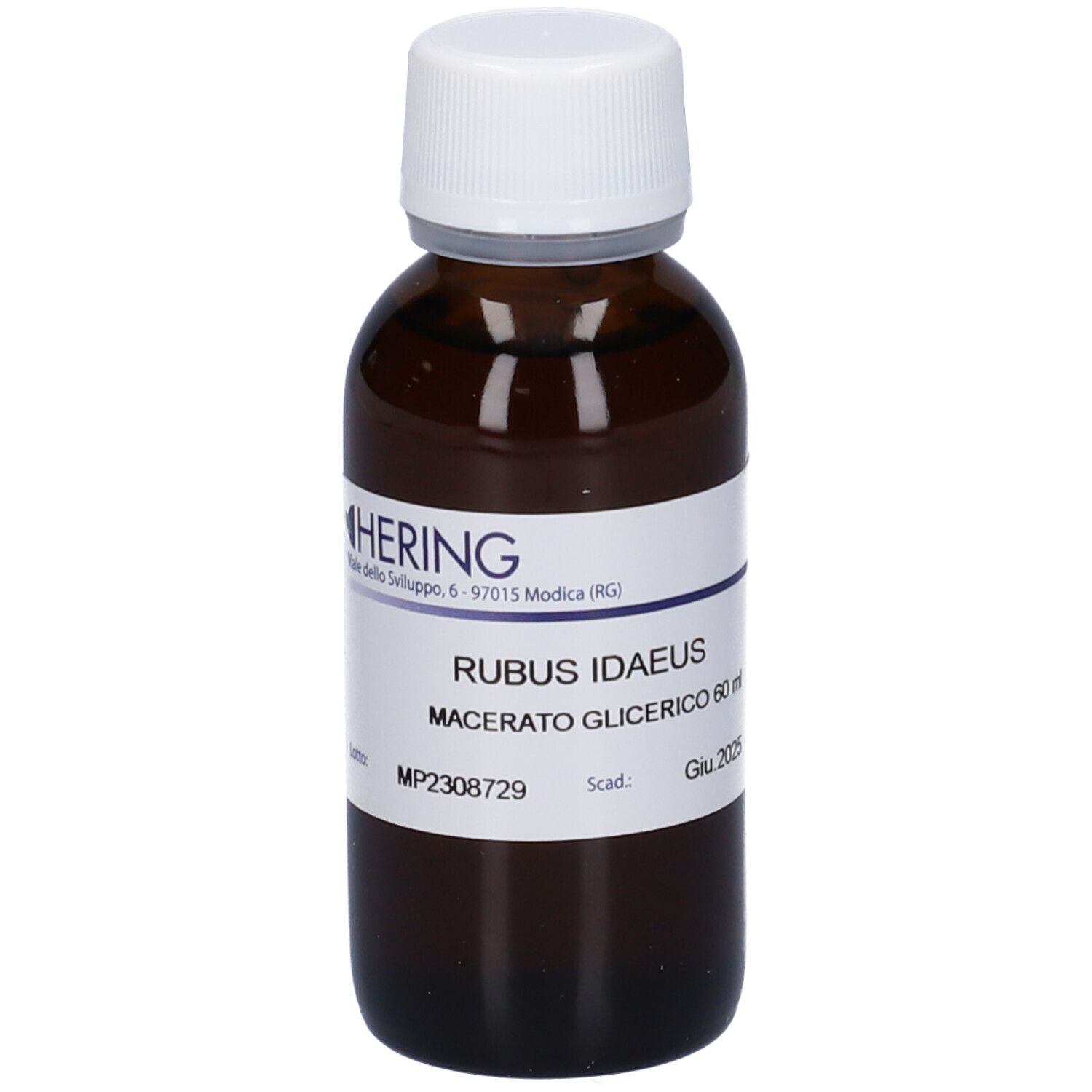 Flacone di vetro marrone con tappo bianco ed etichetta. Scritta: Rubus Idaeus, Macerato Glicerico 60 ml. Marchio Hering.