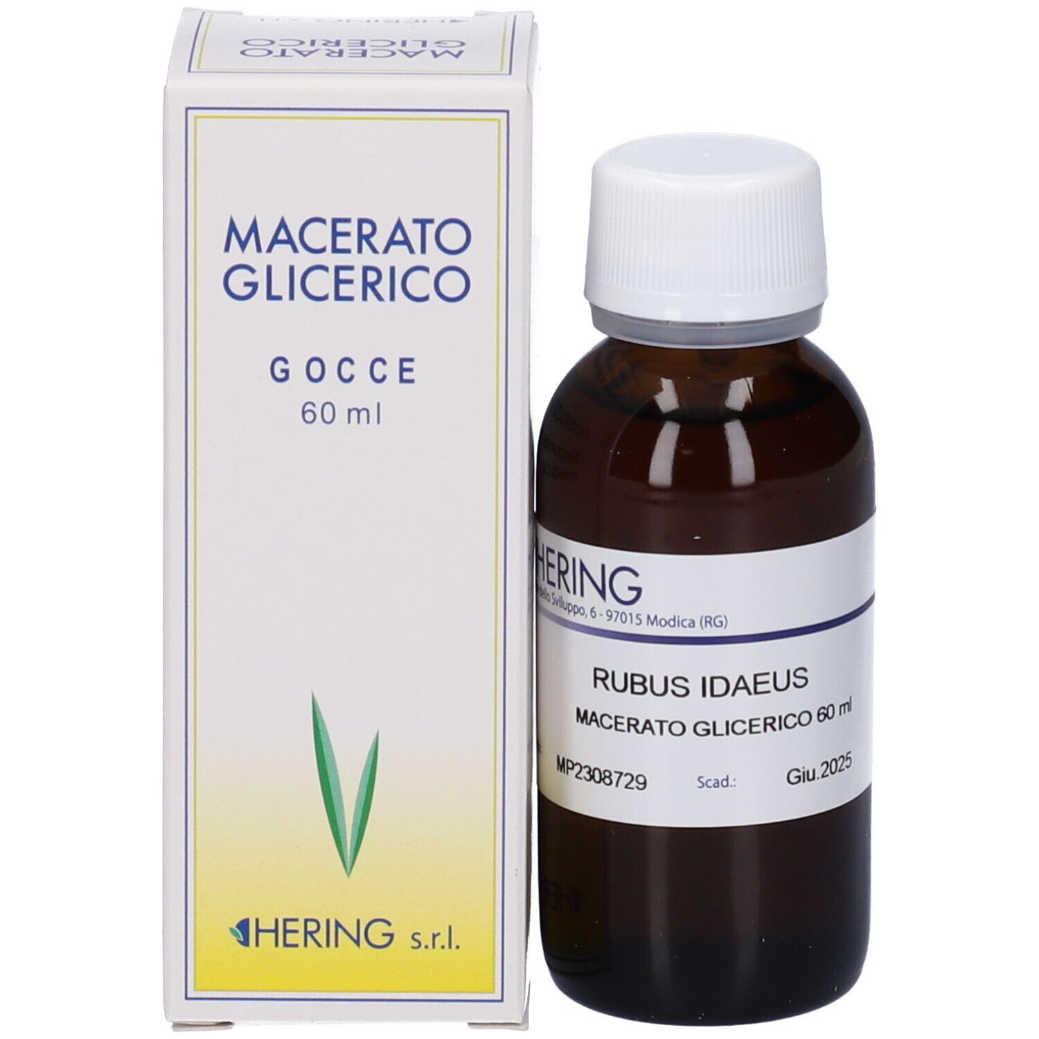Flacone di vetro marrone con tappo bianco e scatola. Scritta: Macerato Glicerico, Gocce 60 ml. Marchio Hering.