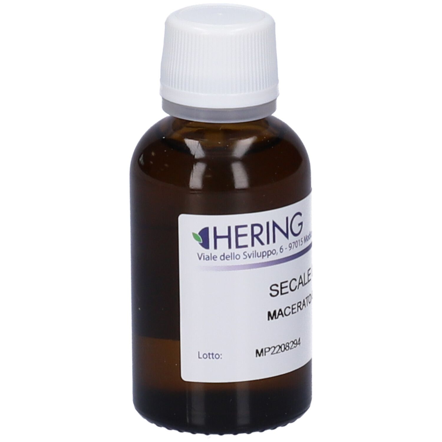 Flacone di vetro marrone con tappo bianco ed etichetta. Scritta: Secale Cereale, Macerato Glicerico. Marchio HERING.