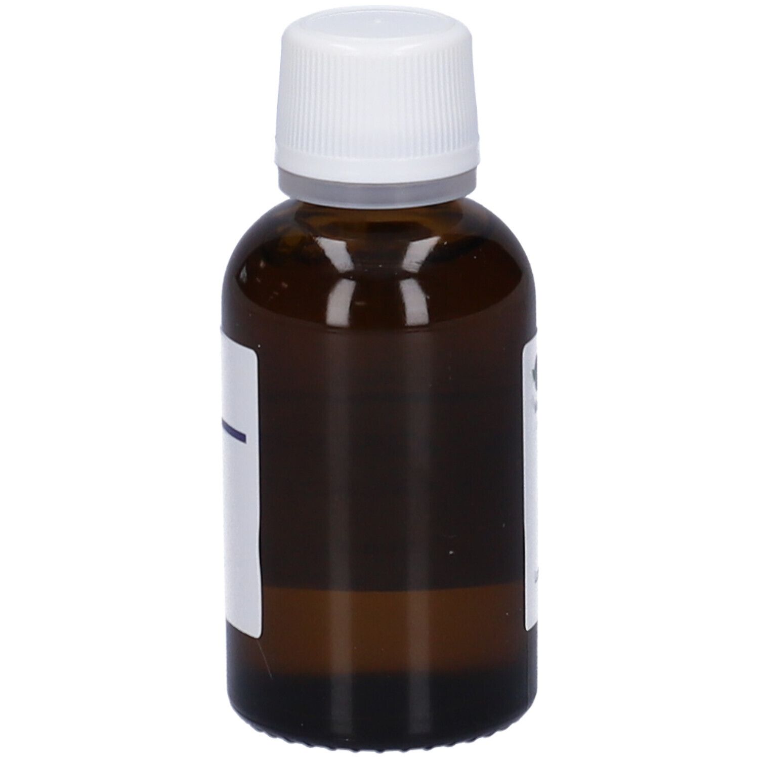 Flacone di vetro marrone con tappo bianco. Etichetta con linea blu. Nessuna altra scritta visibile.