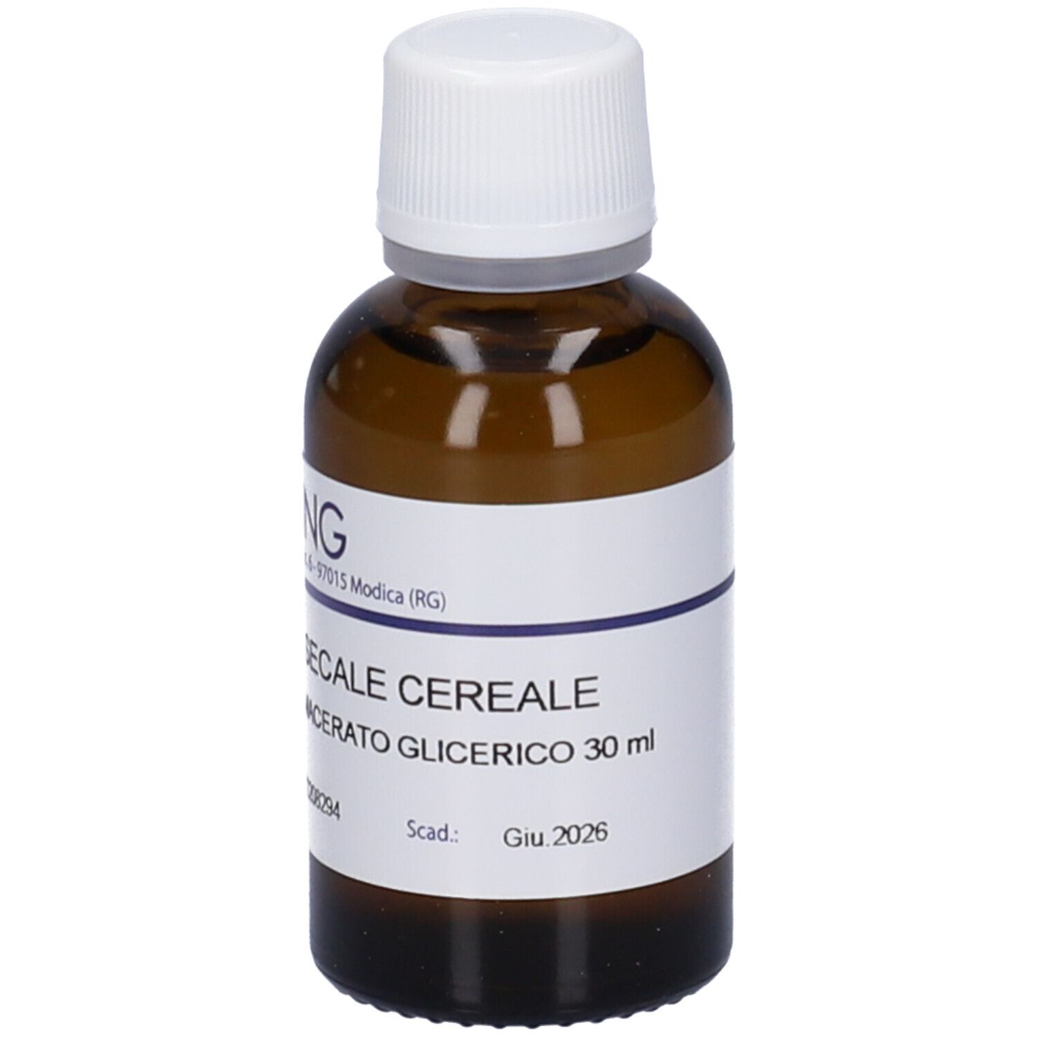 Flacone di vetro marrone con tappo bianco ed etichetta. Scritta: Secale Cereale, Macerato Glicerico, 30 ml. Scadenza 2026.