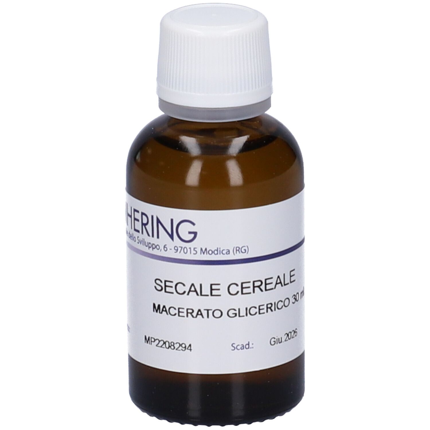 Flacone di vetro marrone con tappo bianco ed etichetta. Scritta: Secale Cereale, Macerato Glicerico, 30 ml. Scadenza 2026.