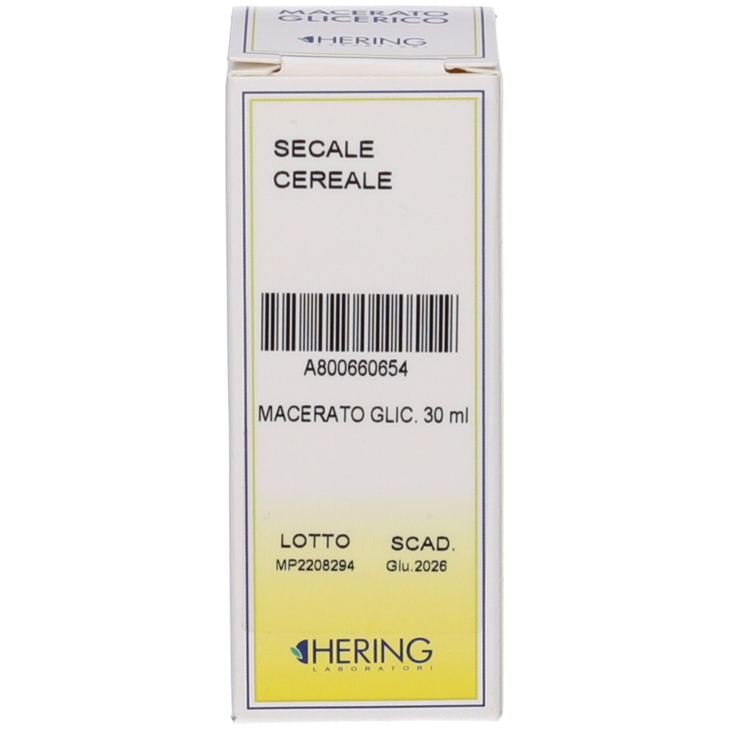 Confezione bianca del prodotto. Scritta: Secale Cereale, Macerato Glicerico, 30 ml. Marchio HERING. Scadenza 2026.