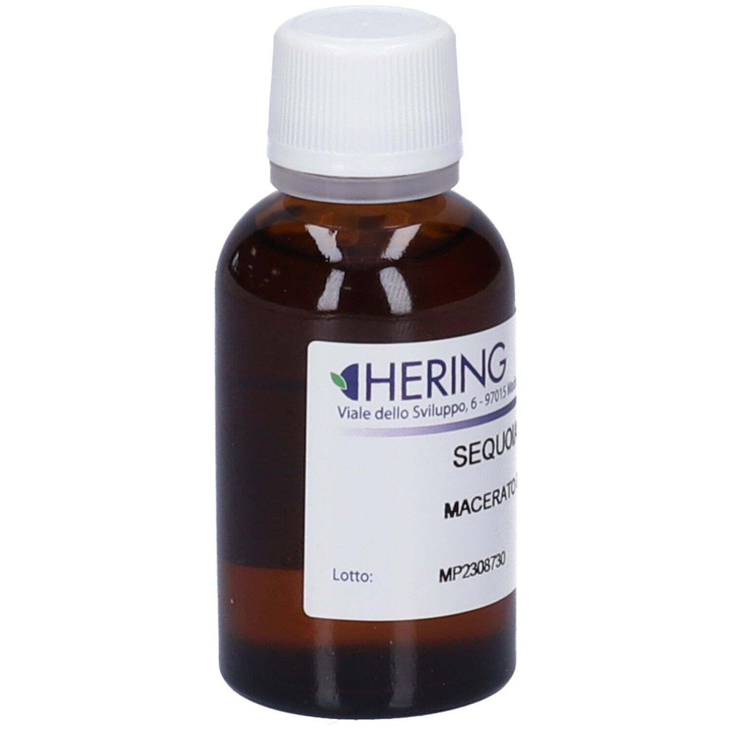 Flacone di vetro marrone con tappo bianco ed etichetta. Scritta: Sequoia Gigantea Macerato Glicerico. Logo del produttore.