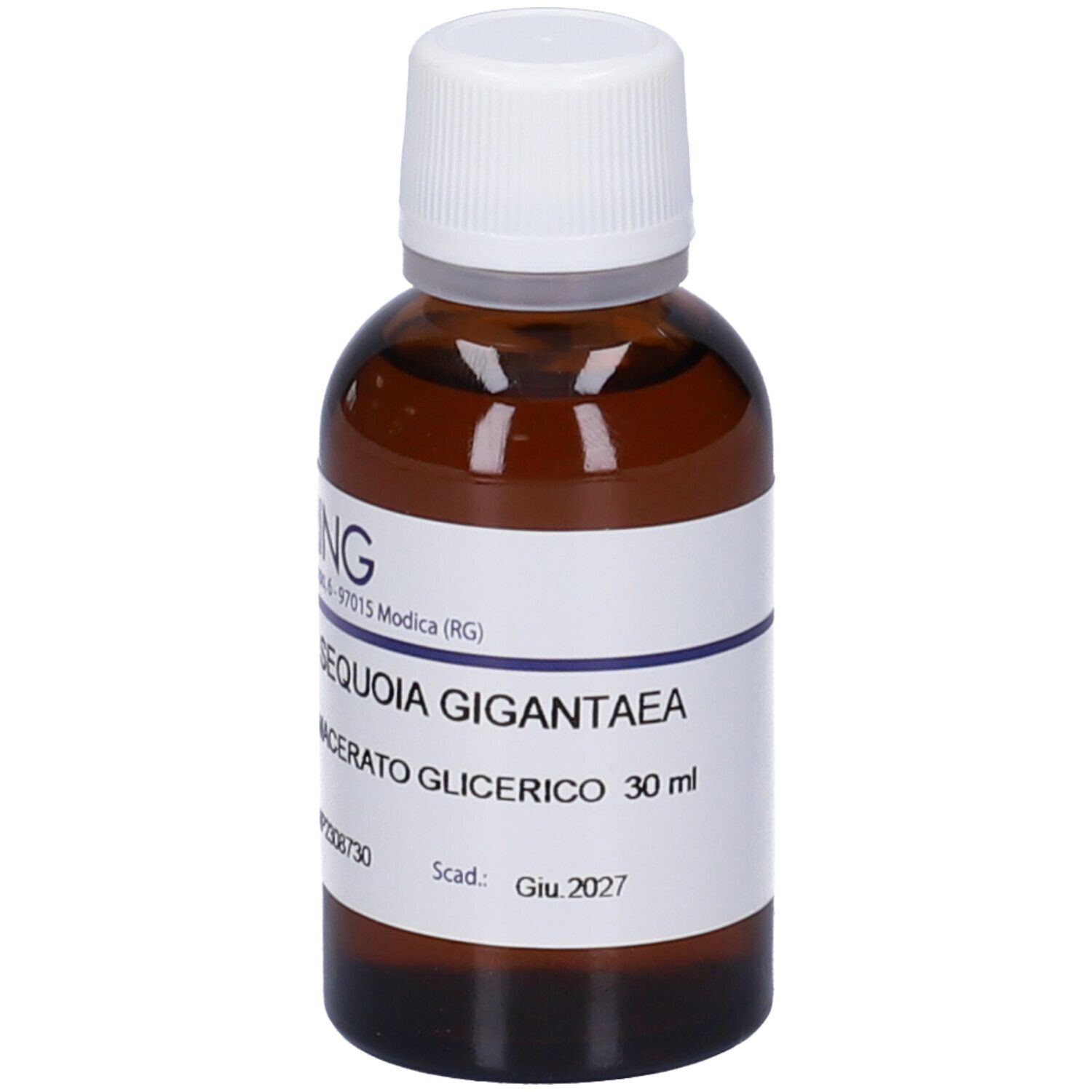 Flacone di vetro marrone con tappo bianco ed etichetta. Scritta: Sequoia Gigantea Macerato Glicerico. 30 ml.