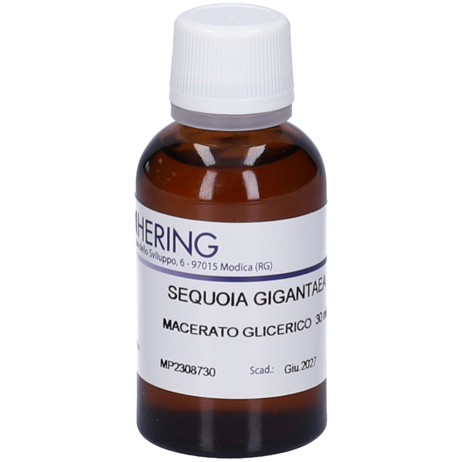 Flacone di vetro marrone con tappo bianco ed etichetta. Scritta: Sequoia Gigantea Macerato Glicerico. 30 ml.