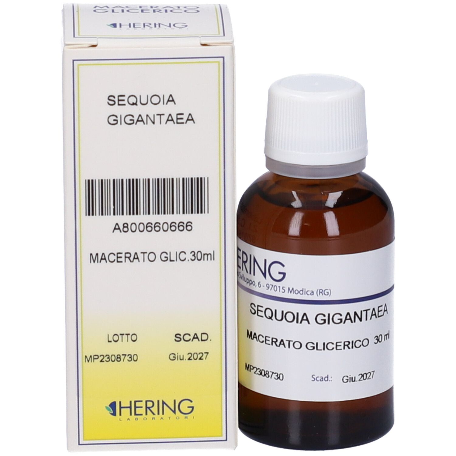 Flacone di vetro marrone con tappo bianco e scatola. Scritta: Sequoia Gigantea Macerato Glicerico. 30 ml. Logo del produttore.