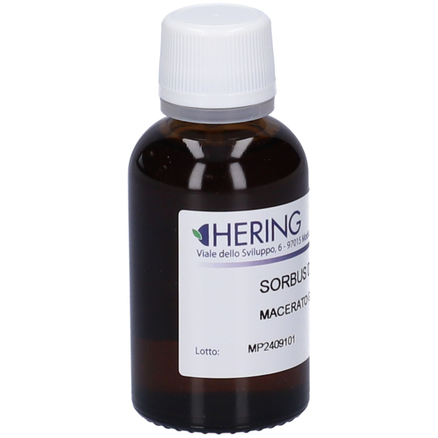 Flacone di vetro marrone con tappo bianco. Etichetta con nome del prodotto e informazioni. Marchio HERING.