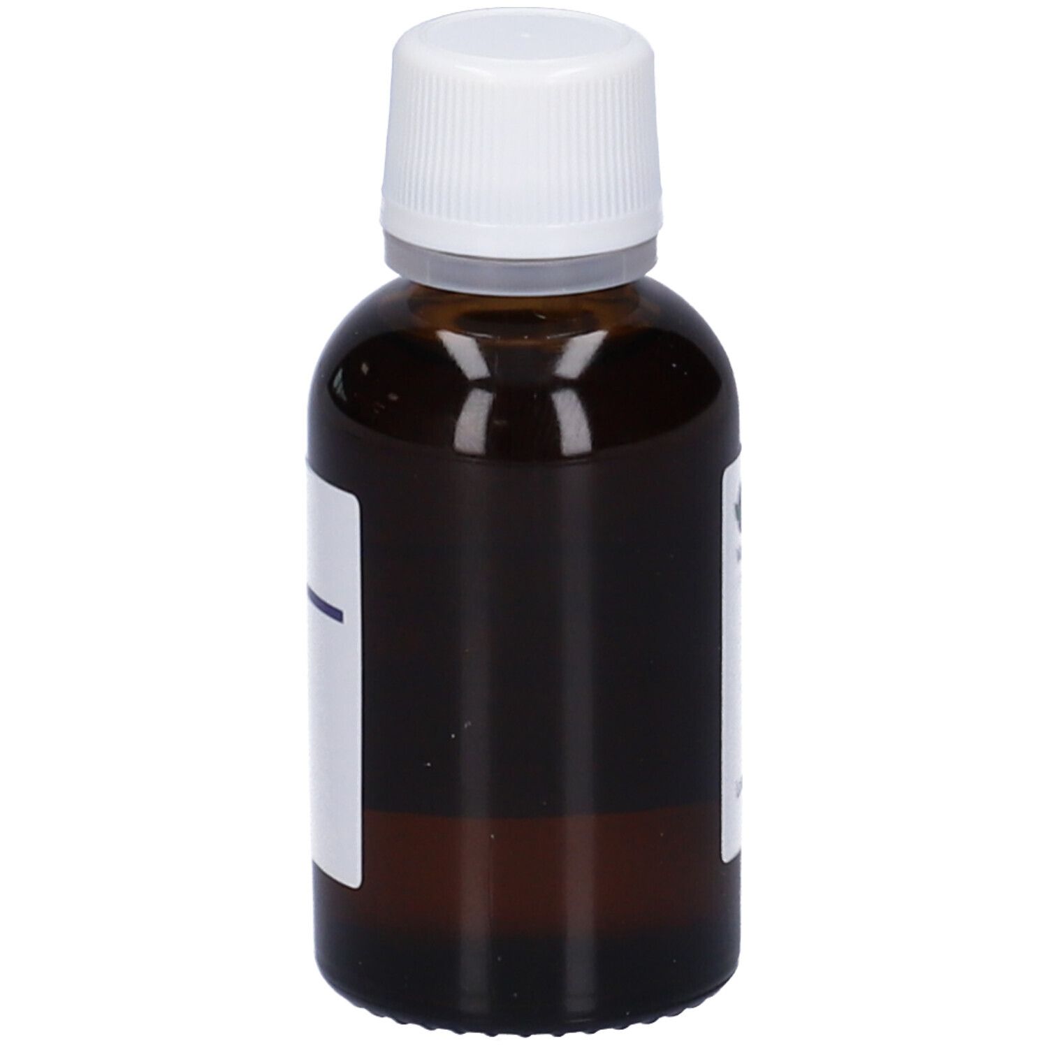 Flacone di vetro marrone con tappo bianco. Etichetta con nome del prodotto e informazioni. Marchio HERING.