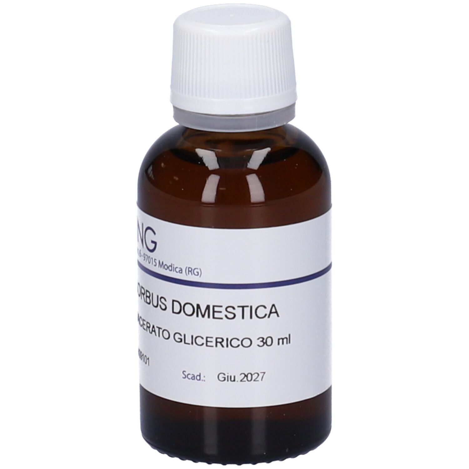 Flacone di vetro marrone con tappo bianco. Etichetta con nome del prodotto e informazioni. Marchio HERING.