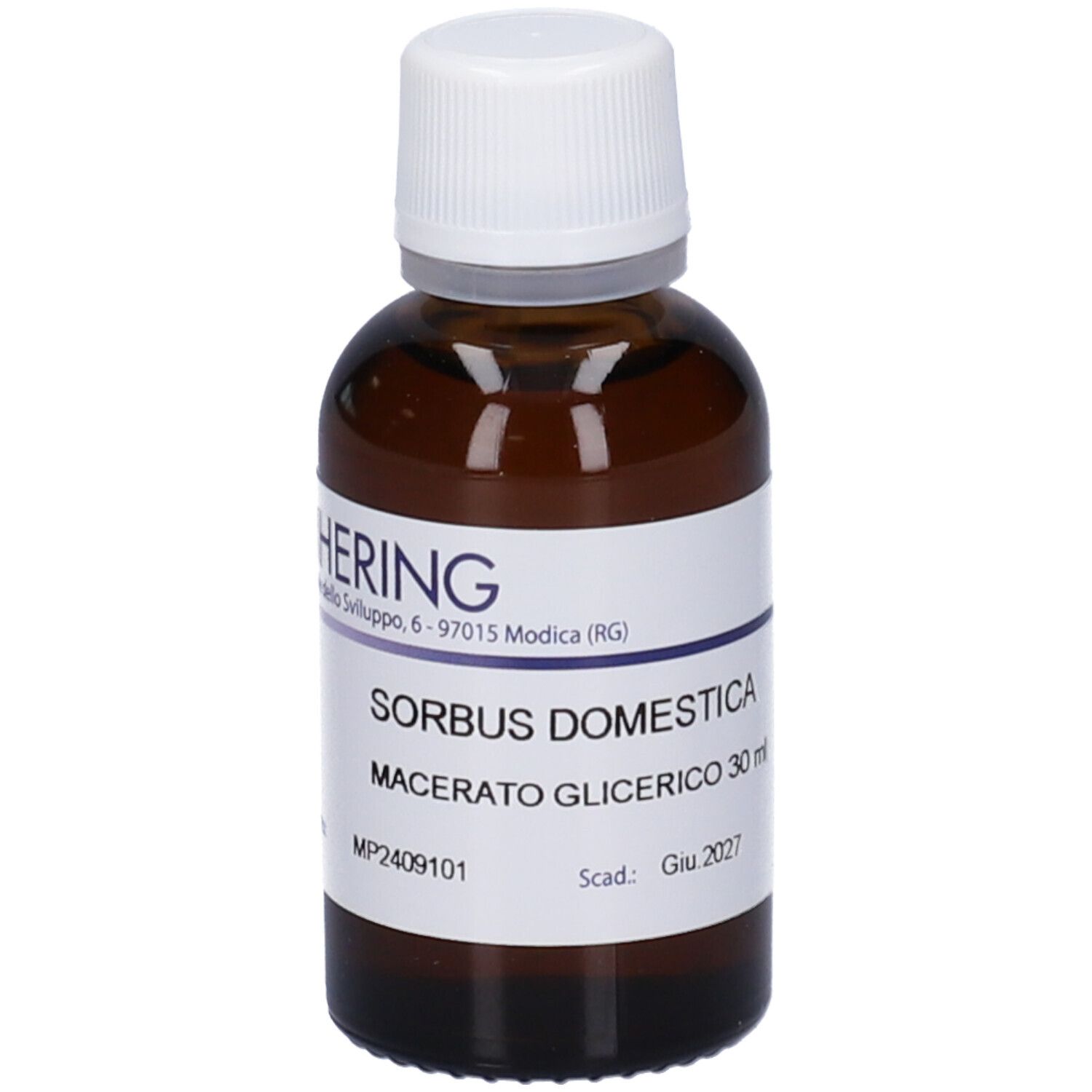 Flacone di vetro marrone con tappo bianco. Etichetta con nome del prodotto e informazioni. Marchio HERING.