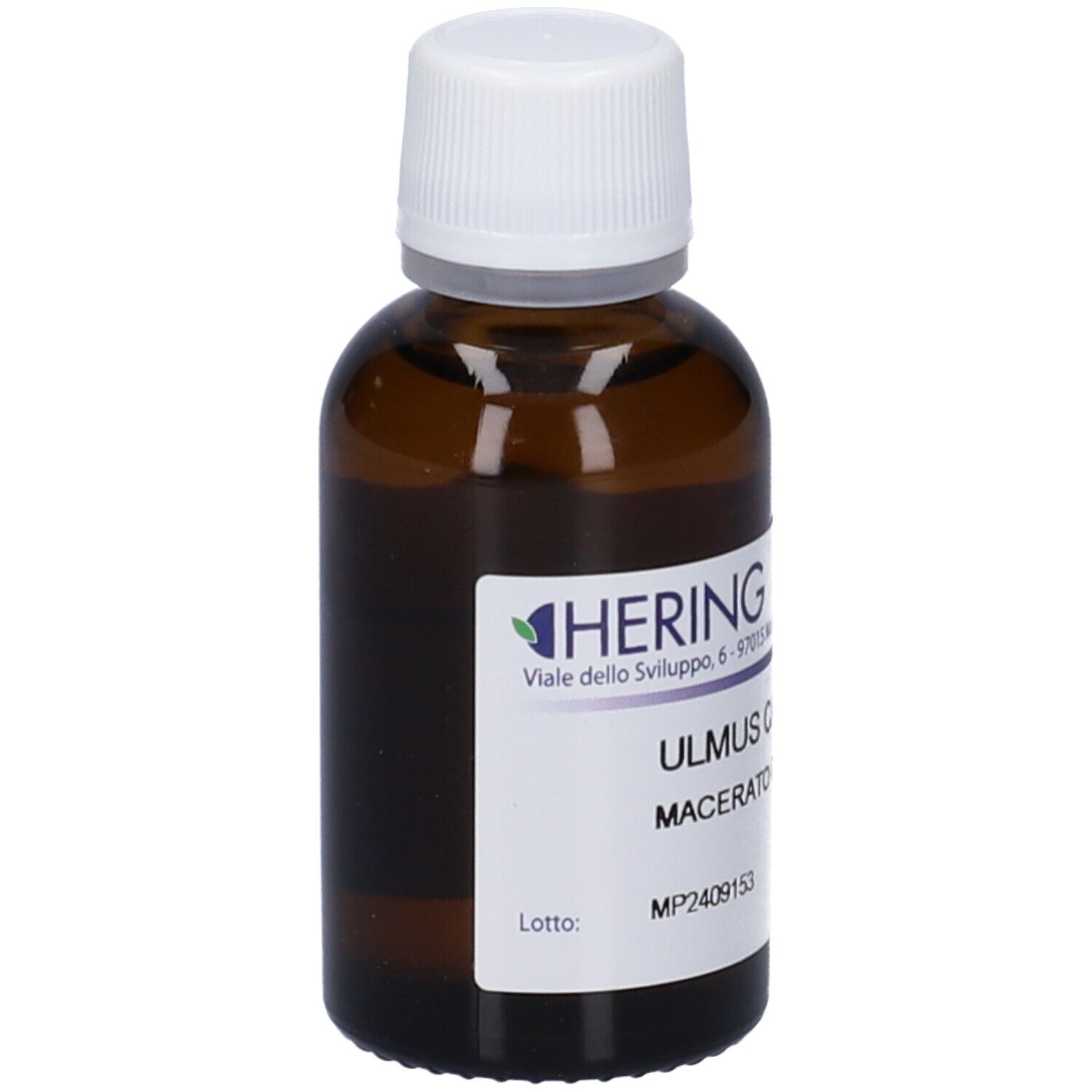 Flacone in vetro ambrato con tappo bianco e etichetta: HERING ULMO CAMPESTRIS MACERATO GLICERICO 30ml.