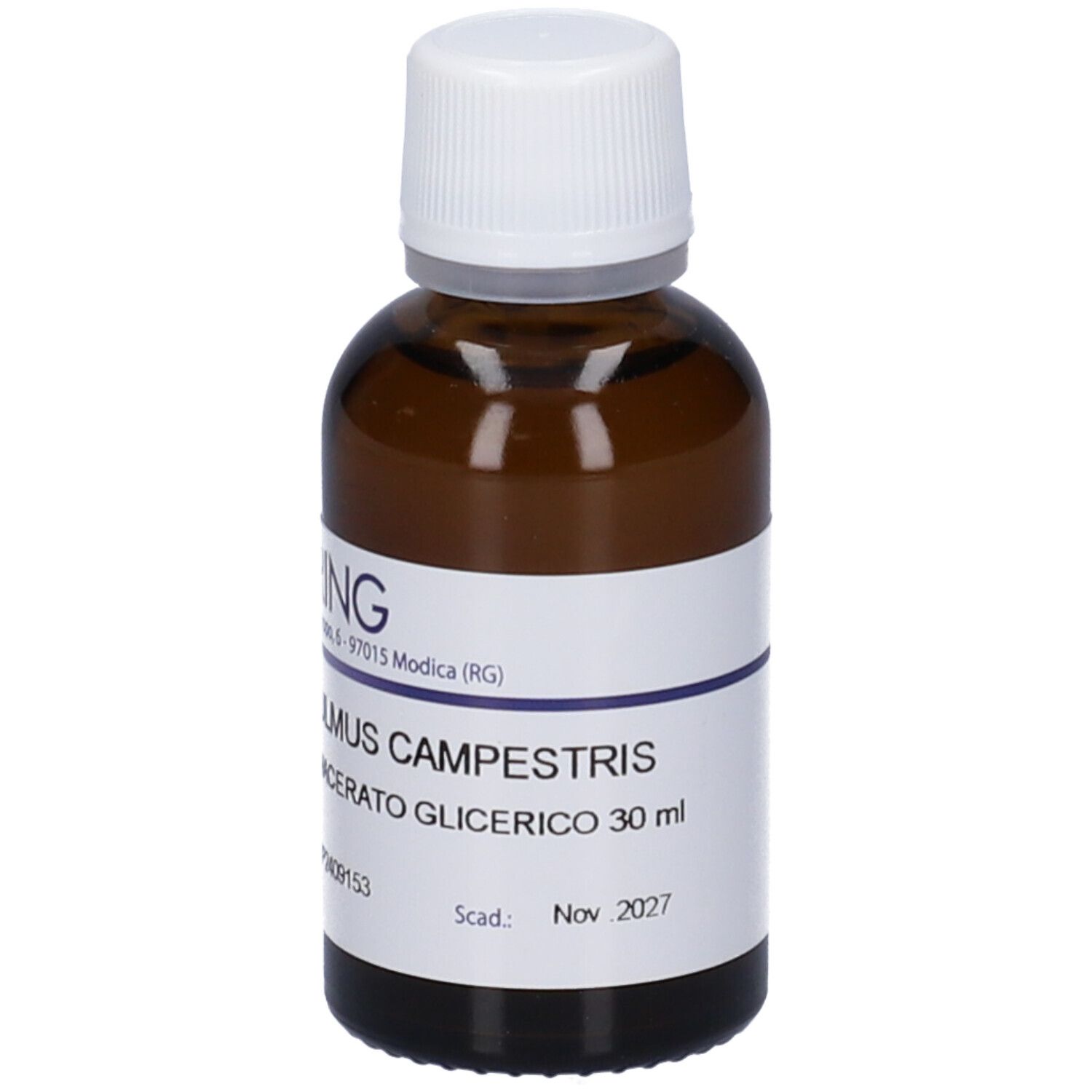 Flacone in vetro ambrato con tappo bianco e etichetta: HERING ULMO CAMPESTRIS MACERATO GLICERICO 30ml.
