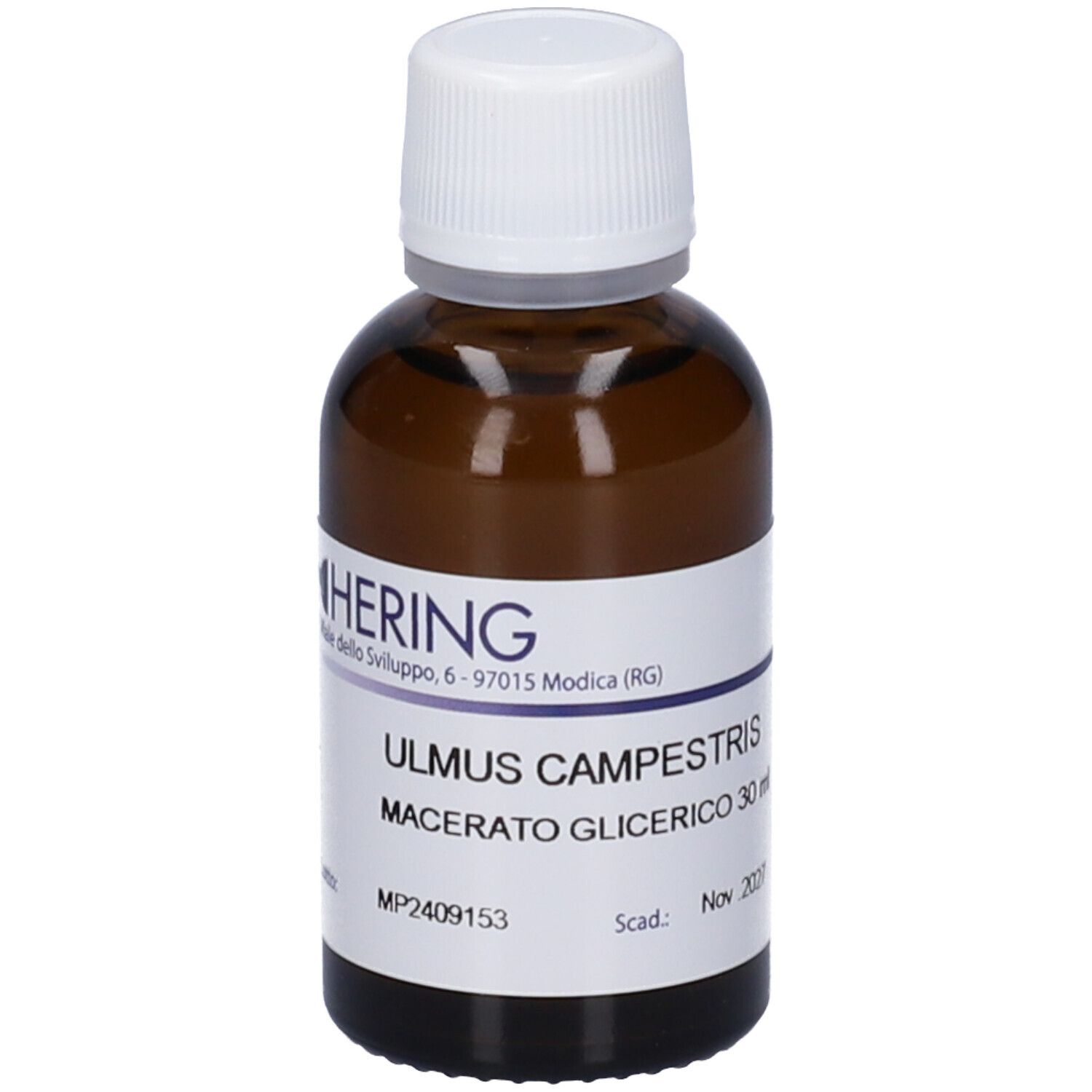 Flacone in vetro ambrato con tappo bianco e etichetta: HERING ULMO CAMPESTRIS MACERATO GLICERICO 30ml.
