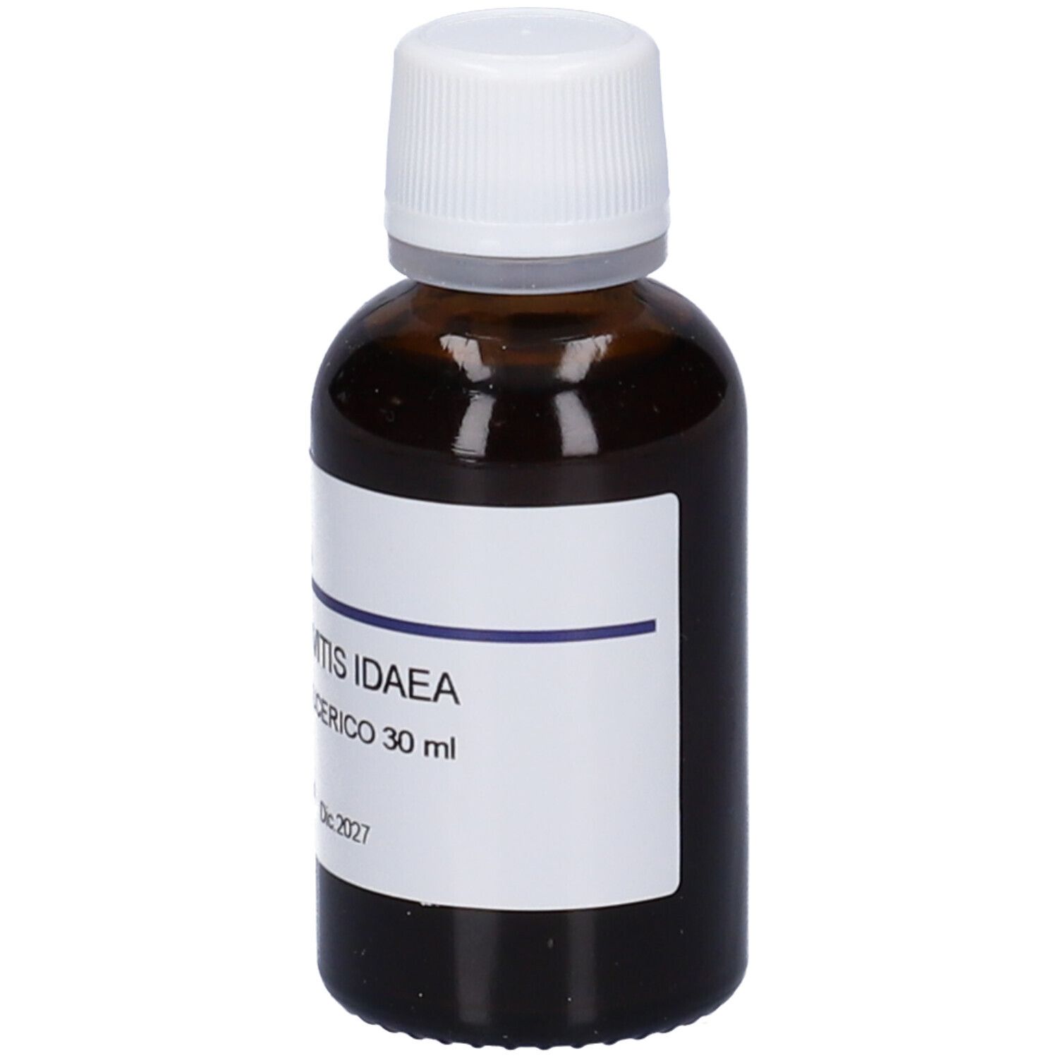 Flacone di vetro marrone con tappo bianco ed etichetta. Scritta: Vaccinium Vitis Idaea Macerato Glicerico. Scadenza 2027.