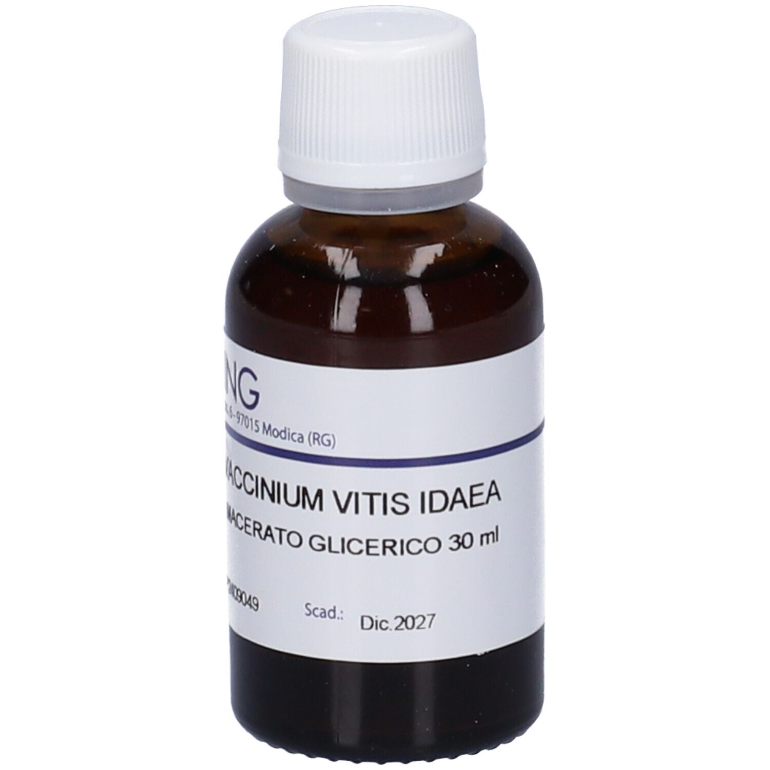 Flacone di vetro marrone con tappo bianco ed etichetta. Scritta: Vaccinium Vitis Idaea Macerato Glicerico. Scadenza 2027.