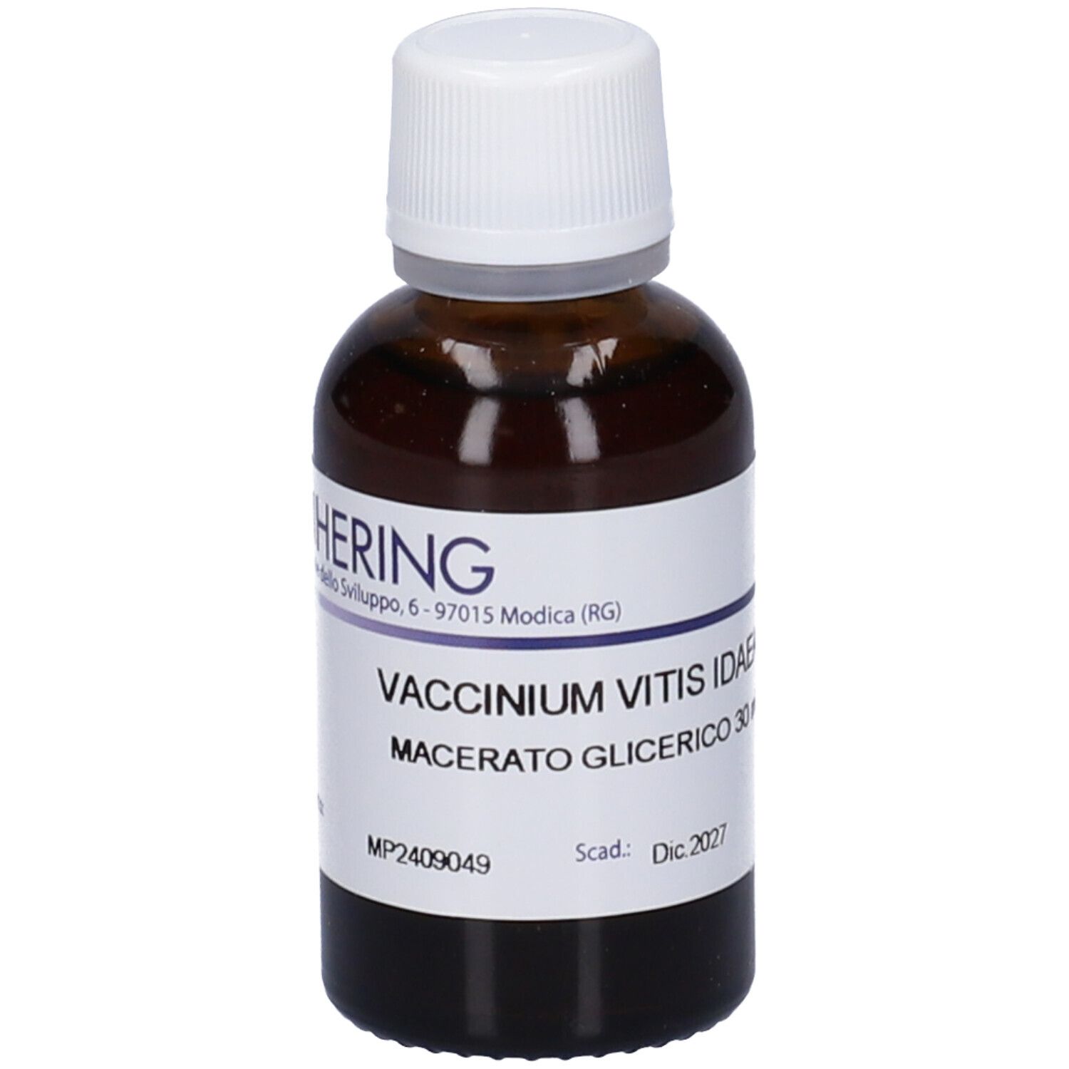 Flacone di vetro marrone con tappo bianco ed etichetta. Scritta: Vaccinium Vitis Idaea Macerato Glicerico. Scadenza 2027.