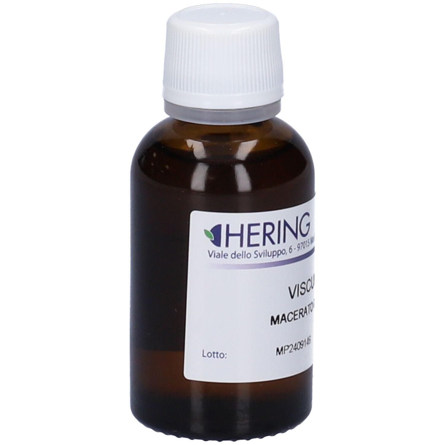 Flacone di vetro marrone con tappo bianco ed etichetta. Marchio HERING. Scritta: VISCUM ALBUM, MACERATO GLICERICO. Flacone in piedi.