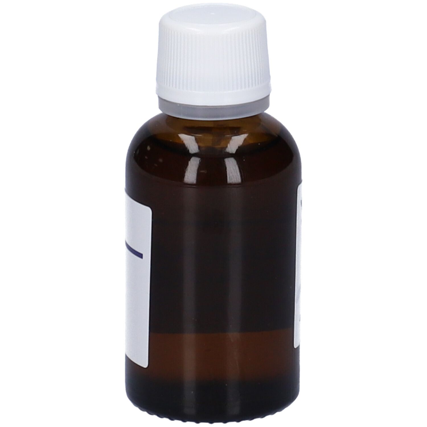 Flacone di vetro marrone con tappo bianco. Etichetta parzialmente visibile. Nessun altro dettaglio visibile.