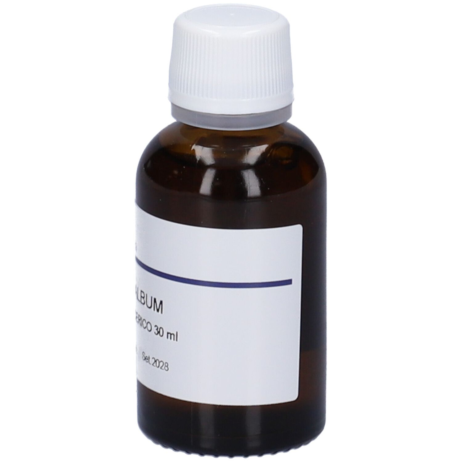 Flacone di vetro marrone con tappo bianco ed etichetta. Scritta: VISCUM ALBUM, MACERATO GLICERICO, 30 ml. Scadenza 2028.