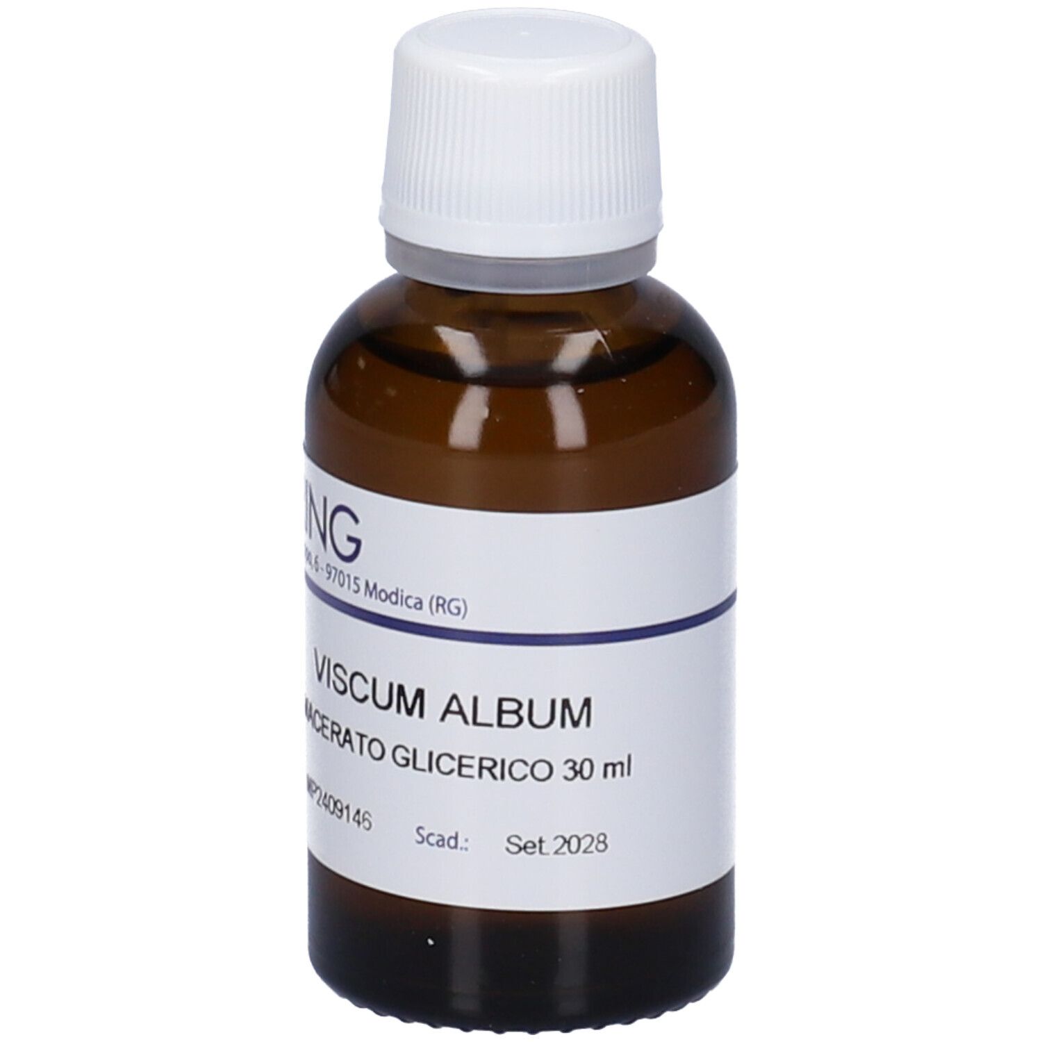 Flacone di vetro marrone con tappo bianco ed etichetta. Scritta: VISCUM ALBUM, MACERATO GLICERICO, 30 ml. Marchio HERING.
