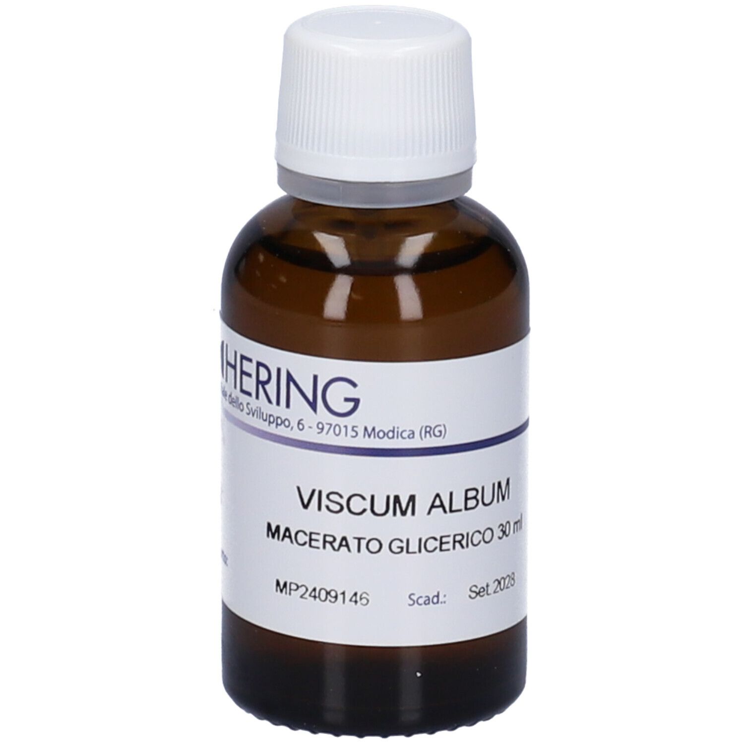 Flacone di vetro marrone con tappo bianco ed etichetta. Scritta: VISCUM ALBUM, MACERATO GLICERICO, 30 ml. Marchio HERING.