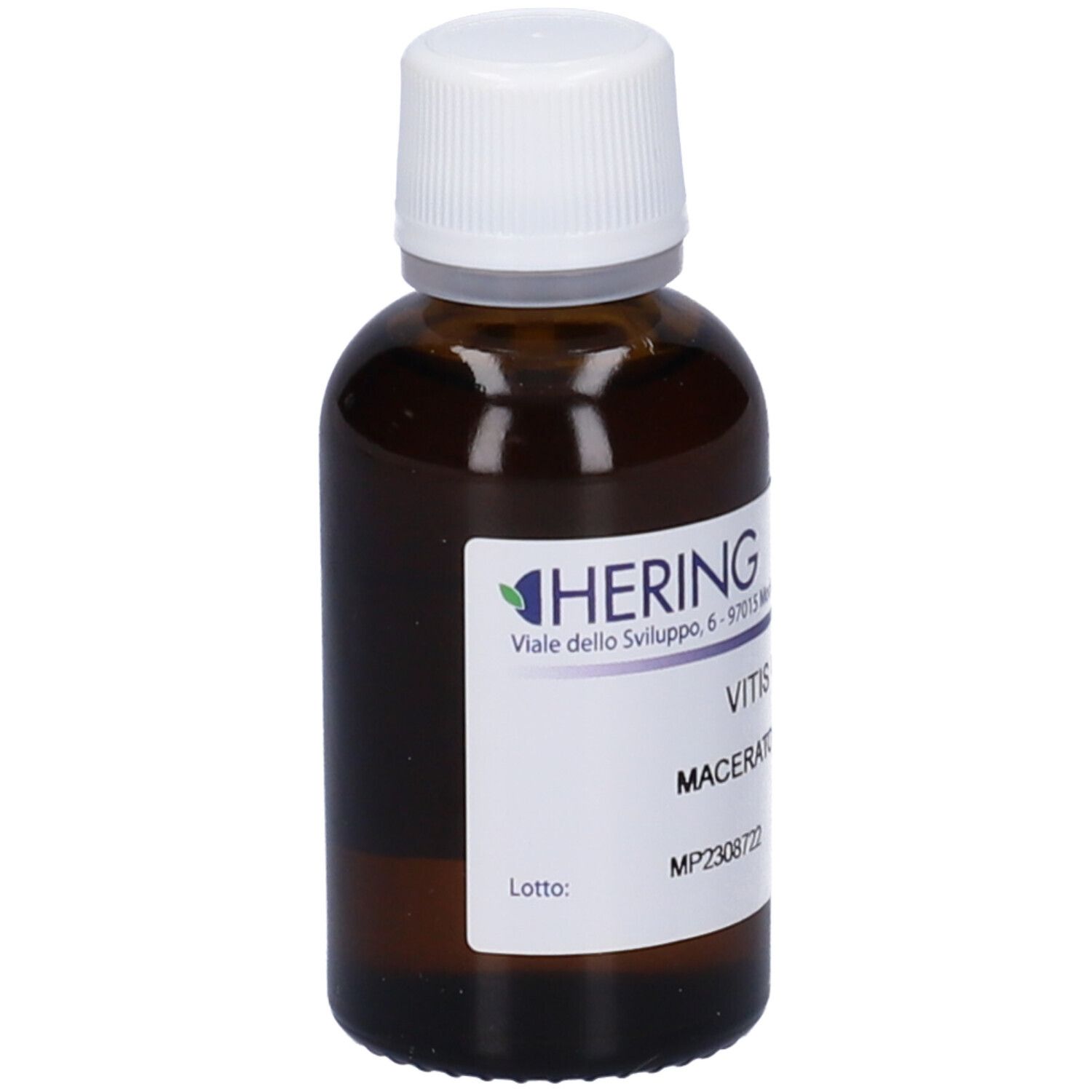 Flacone di vetro marrone con tappo bianco ed etichetta. L'etichetta riporta HERING, Vitis Vinifera, Macerato Glicerico.