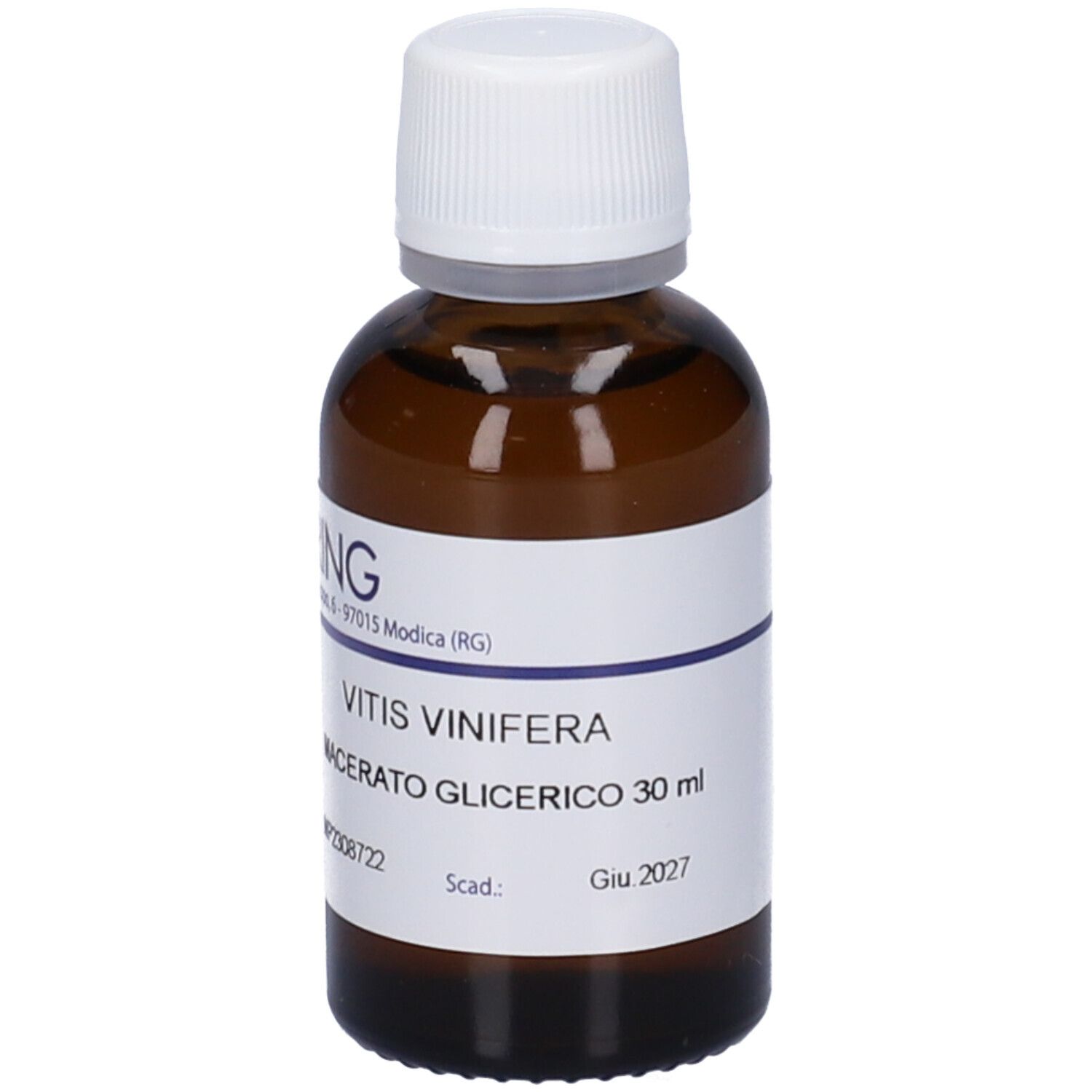 Flacone di vetro marrone con tappo bianco ed etichetta. L'etichetta riporta HERING, Vitis Vinifera, Macerato Glicerico.