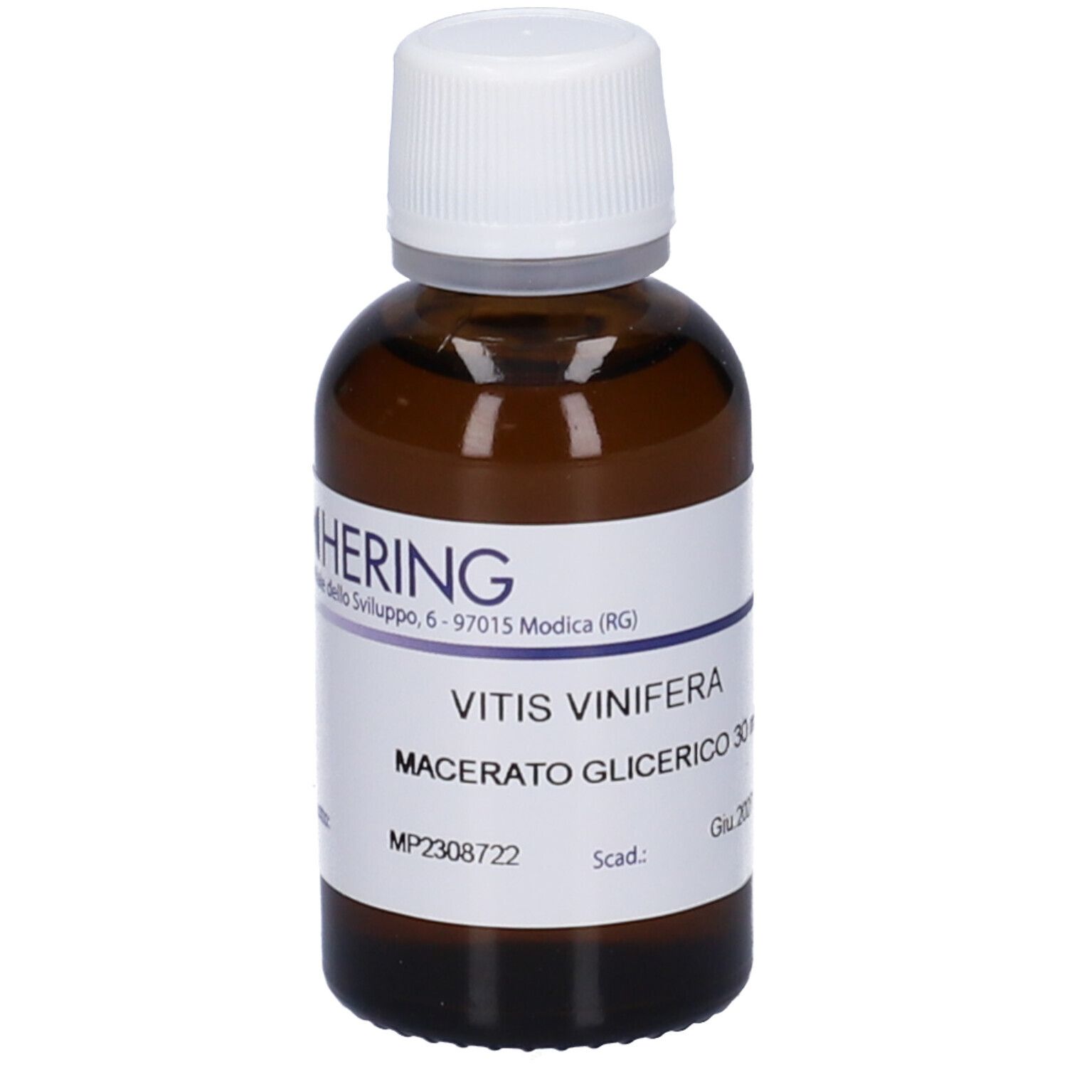 Flacone di vetro marrone con tappo bianco ed etichetta. L'etichetta riporta HERING, Vitis Vinifera, Macerato Glicerico.