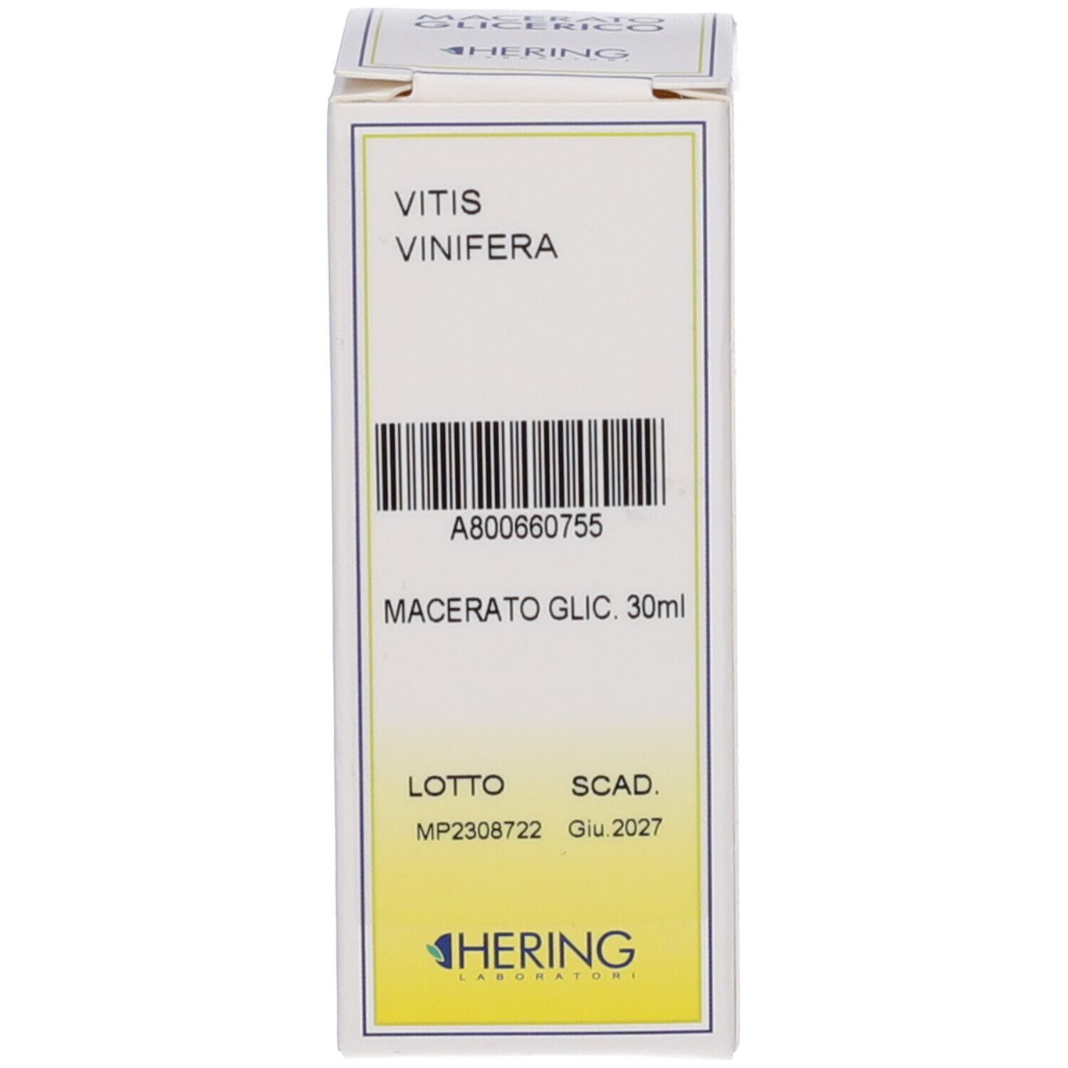 Confezione con nome prodotto Vitis Vinifera, Macerato Glicerico. Logo HERING. Codice a barre e data di scadenza.