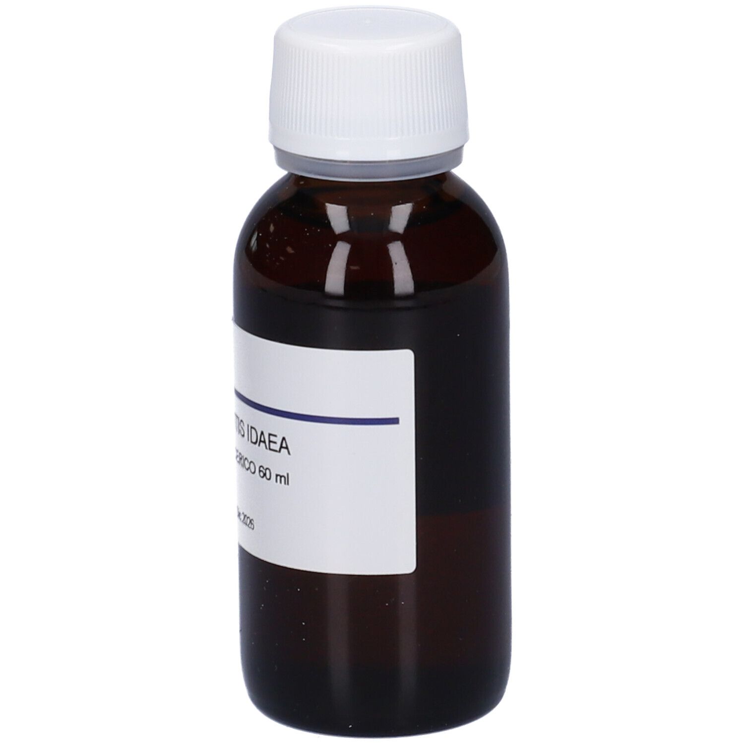Flacone di vetro marrone con tappo bianco. Etichetta con testo: Vaccinium Vitis Idaea, Macerato Glicerico 60 ml. Scadenza: Dic 2026.