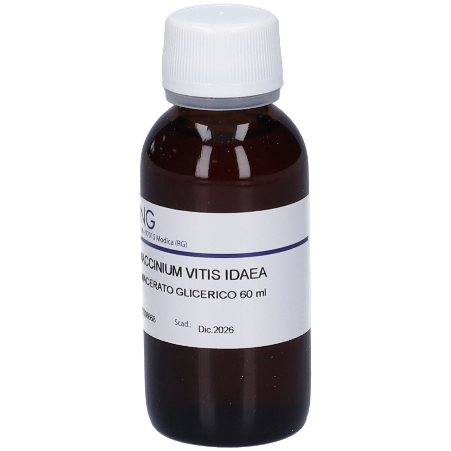 Flacone di vetro marrone con tappo bianco. Etichetta con testo: Hering, Vaccinium Vitis Idaea, Macerato Glicerico 60 ml. Scadenza: Dic 2026.