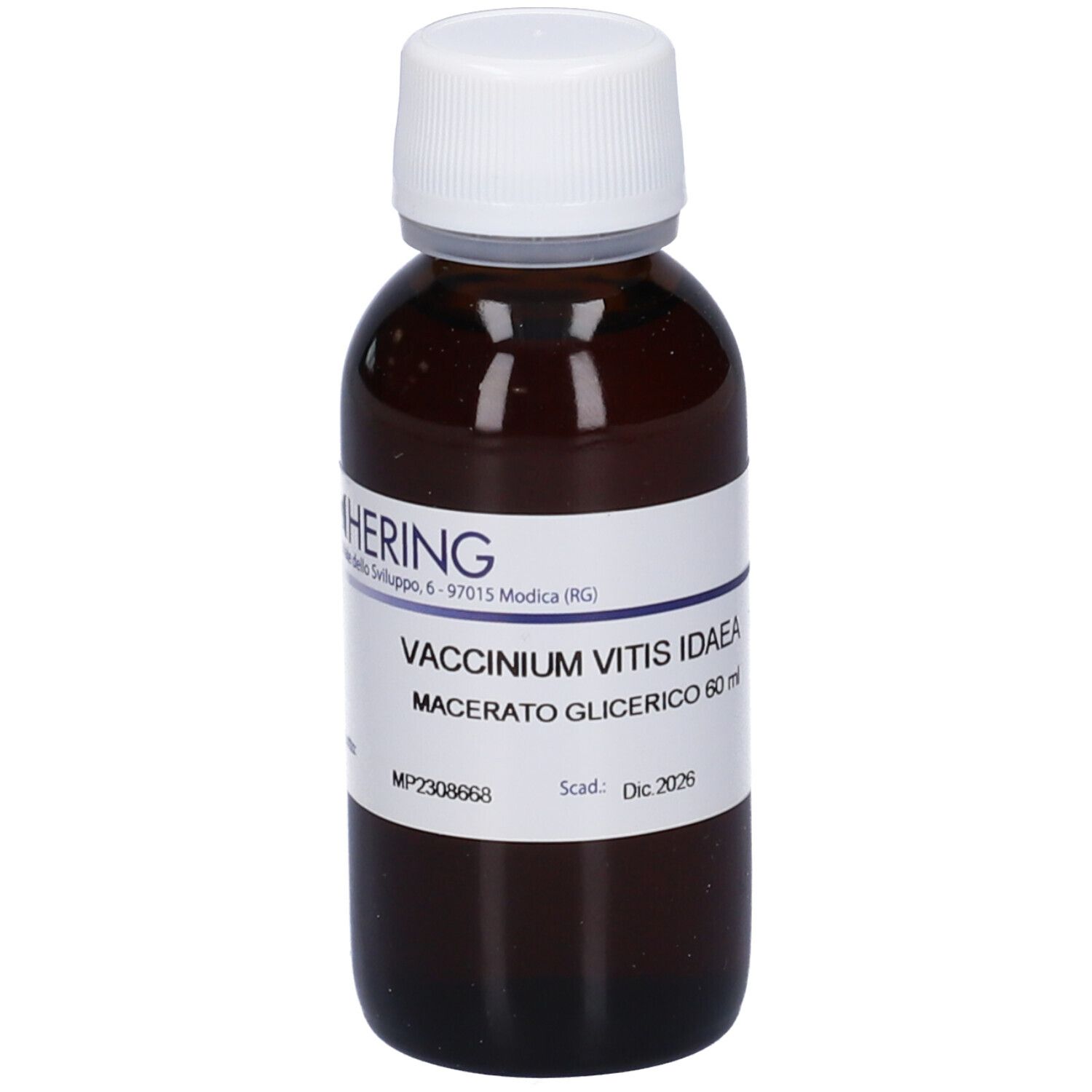Flacone di vetro marrone con tappo bianco. Etichetta con testo: Hering, Vaccinium Vitis Idaea, Macerato Glicerico 60 ml. Scadenza: Dic 2026.