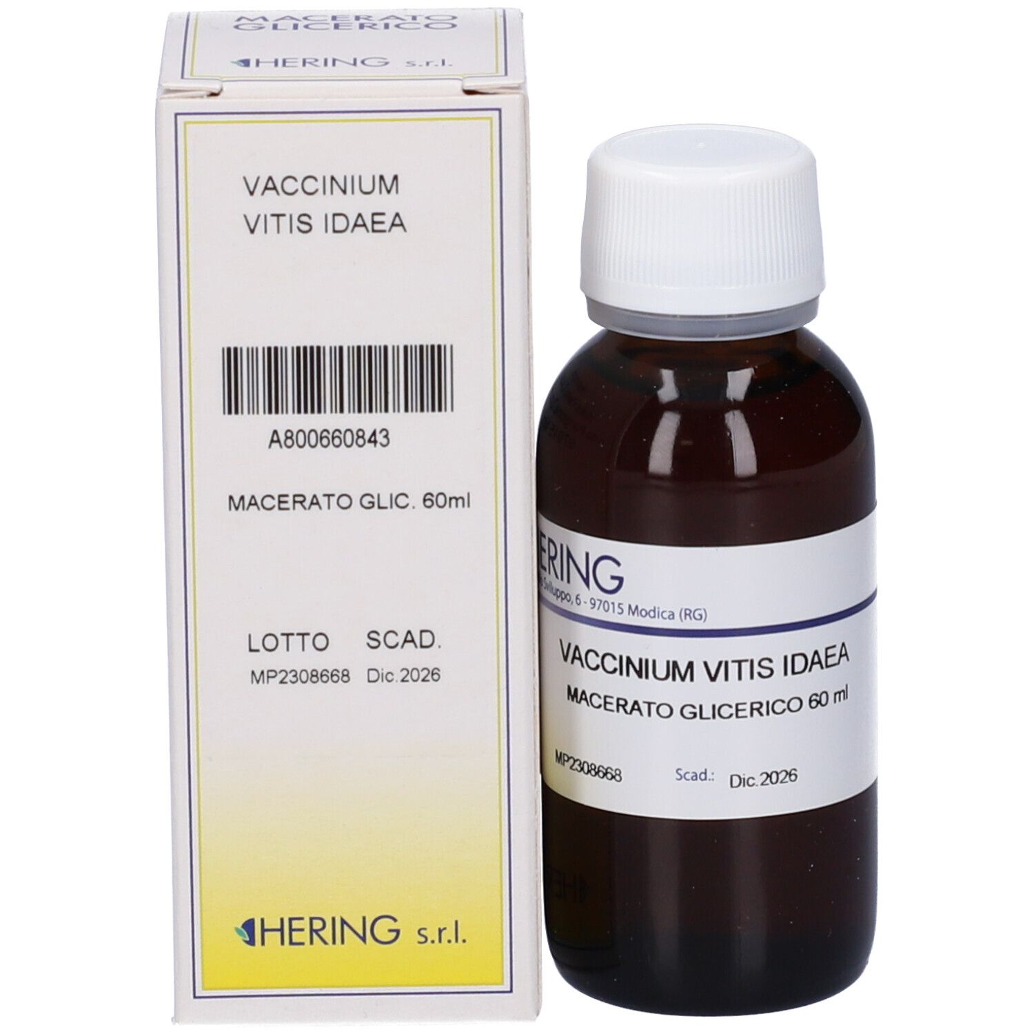 Flacone di vetro marrone con tappo bianco e scatola. Scatola con testo: Vaccinium Vitis Idaea, Macerato Glic. 60ml. Scadenza: Dic 2026.