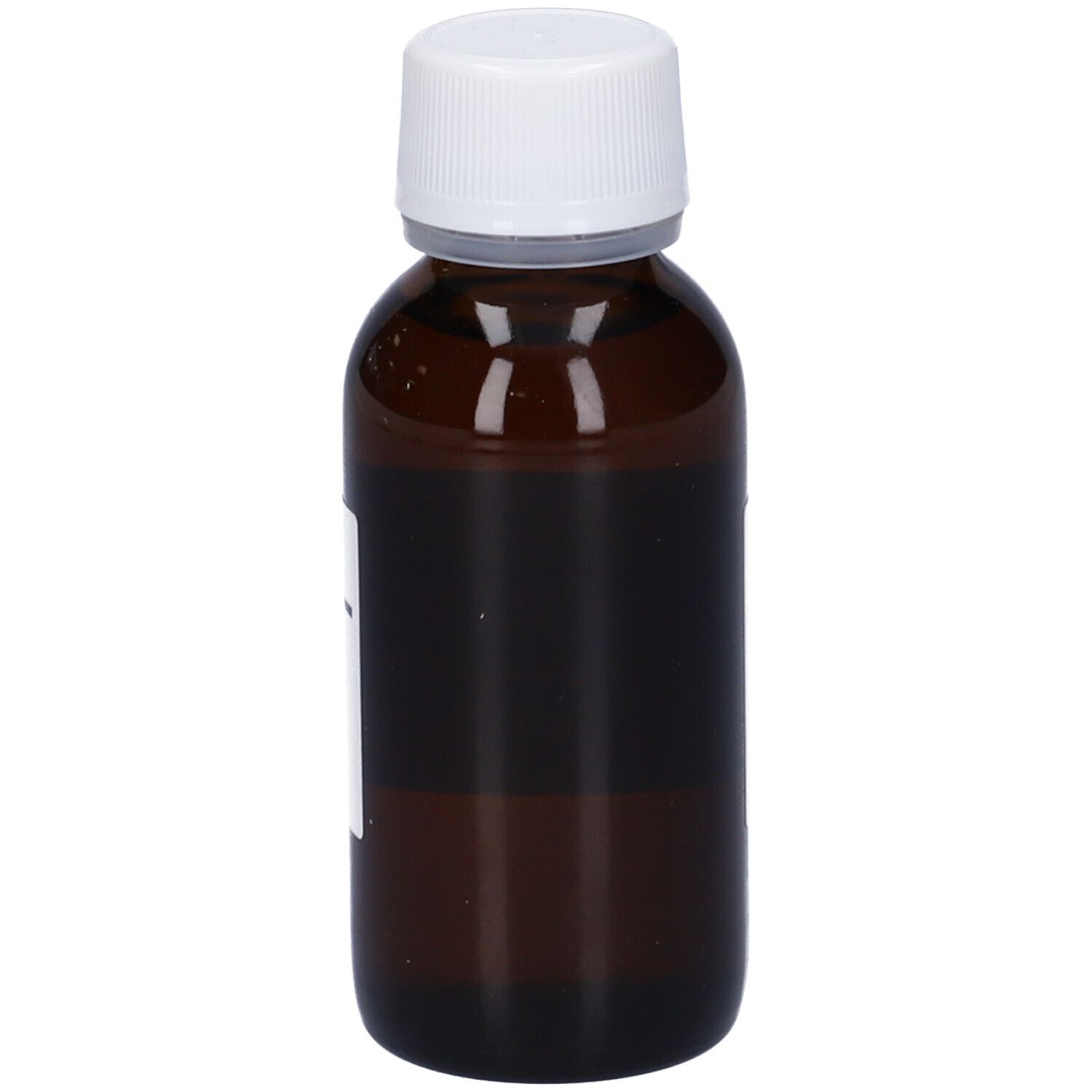 Flacone di vetro marrone con tappo bianco. Nessuna scritta visibile.
