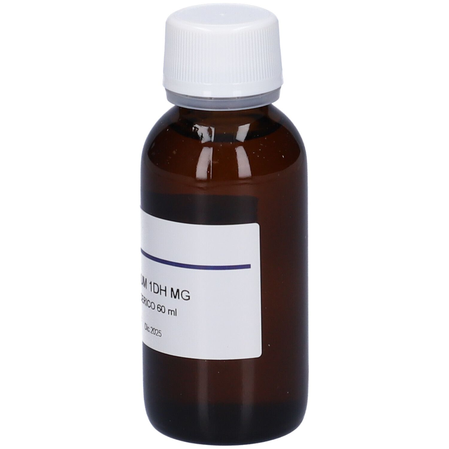 Flacone di vetro marrone con tappo bianco ed etichetta. Scritta: M 1DH MG, 60 ml, Scad. Dic. 2025.
