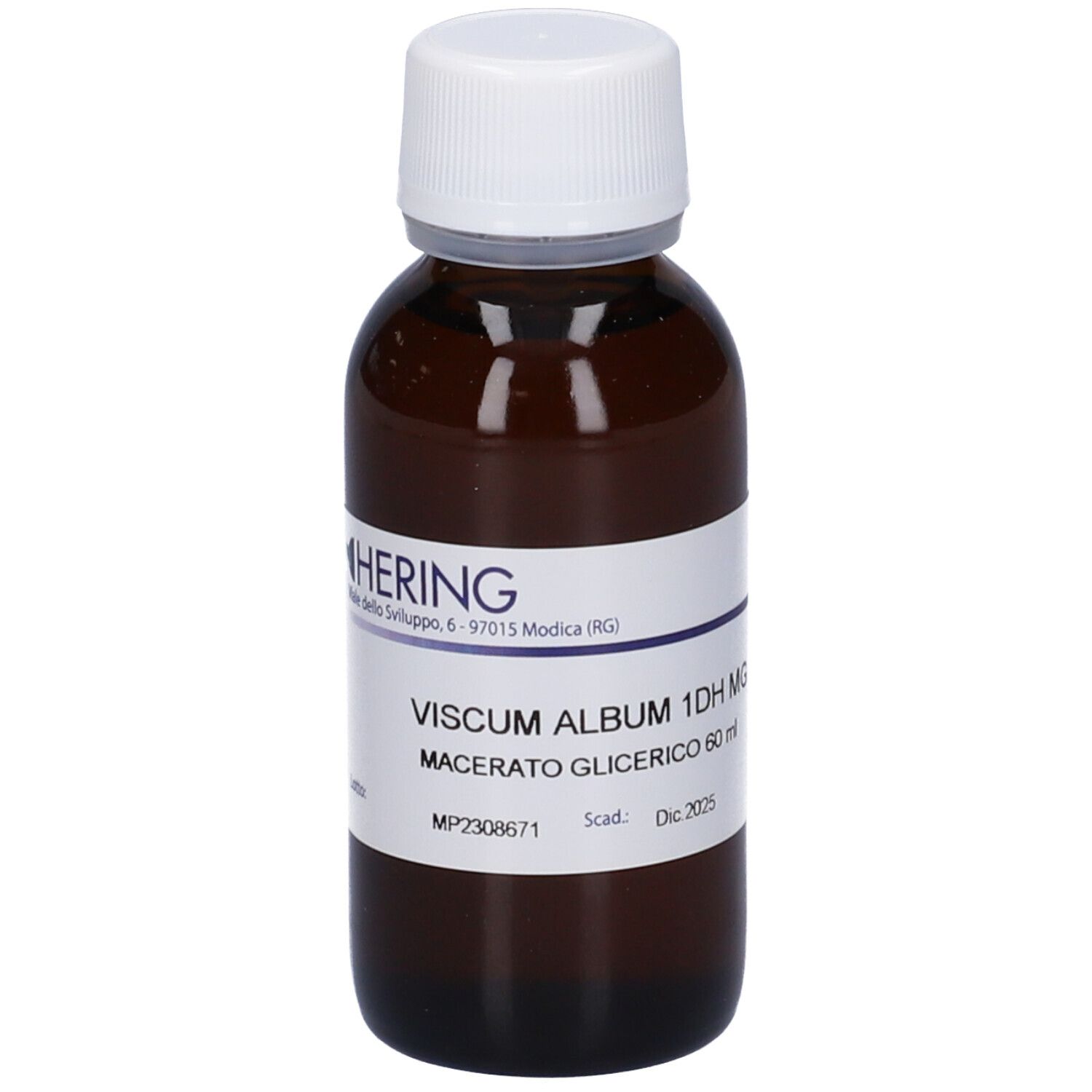 Flacone di vetro marrone con tappo bianco ed etichetta. Scritta: HERING, VISCUM ALBUM, Macerato Glicerico 60 ml.