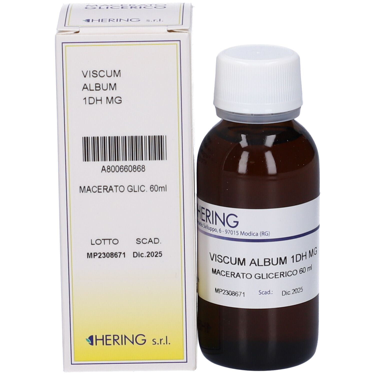 Flacone e confezione. Flacone: marrone, tappo bianco, etichetta. Confezione: bianca, testo.