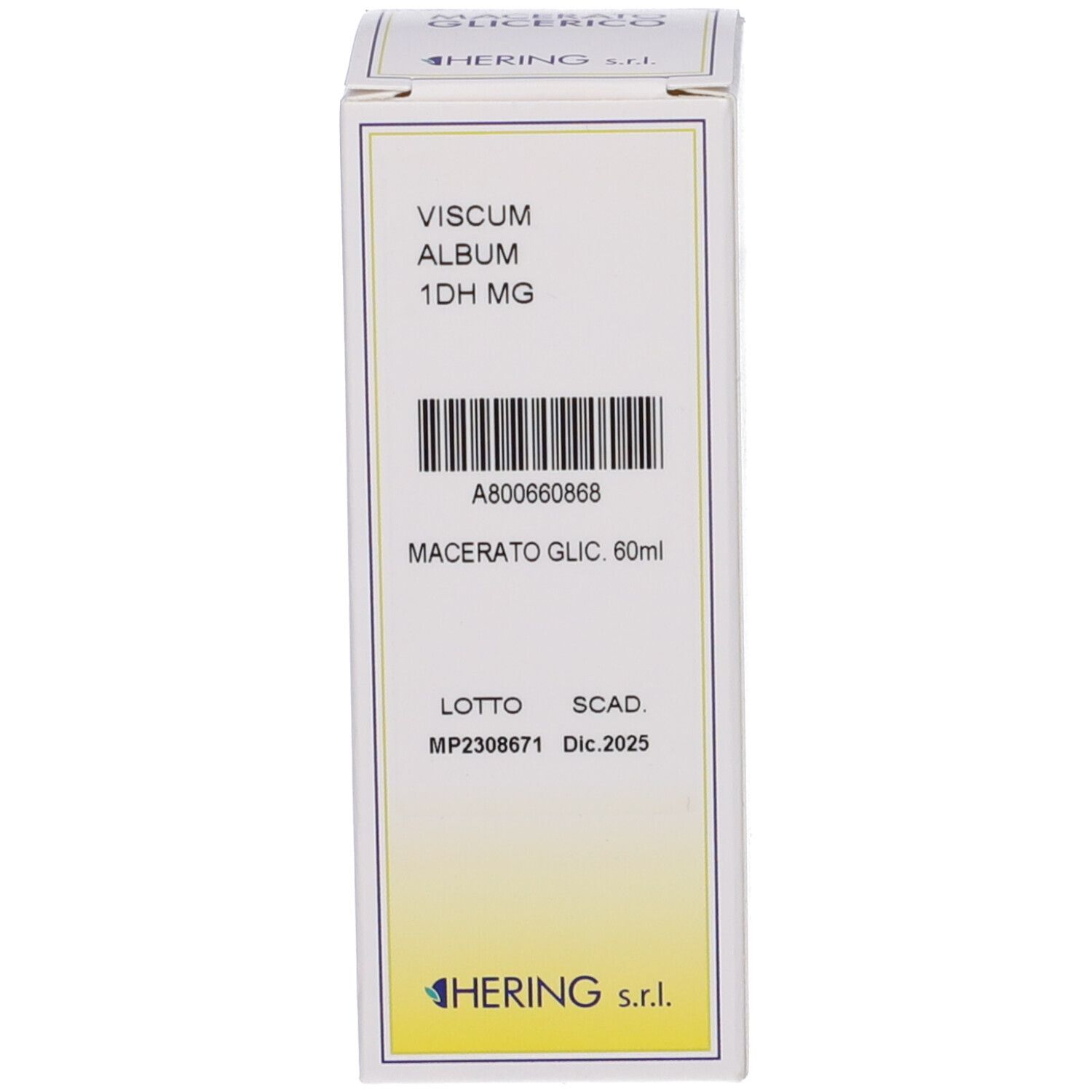 Confezione. Bianca, testo: VISCUM ALBUM 1DH MG, Macerato Glic. 60ml. Logo HERING.