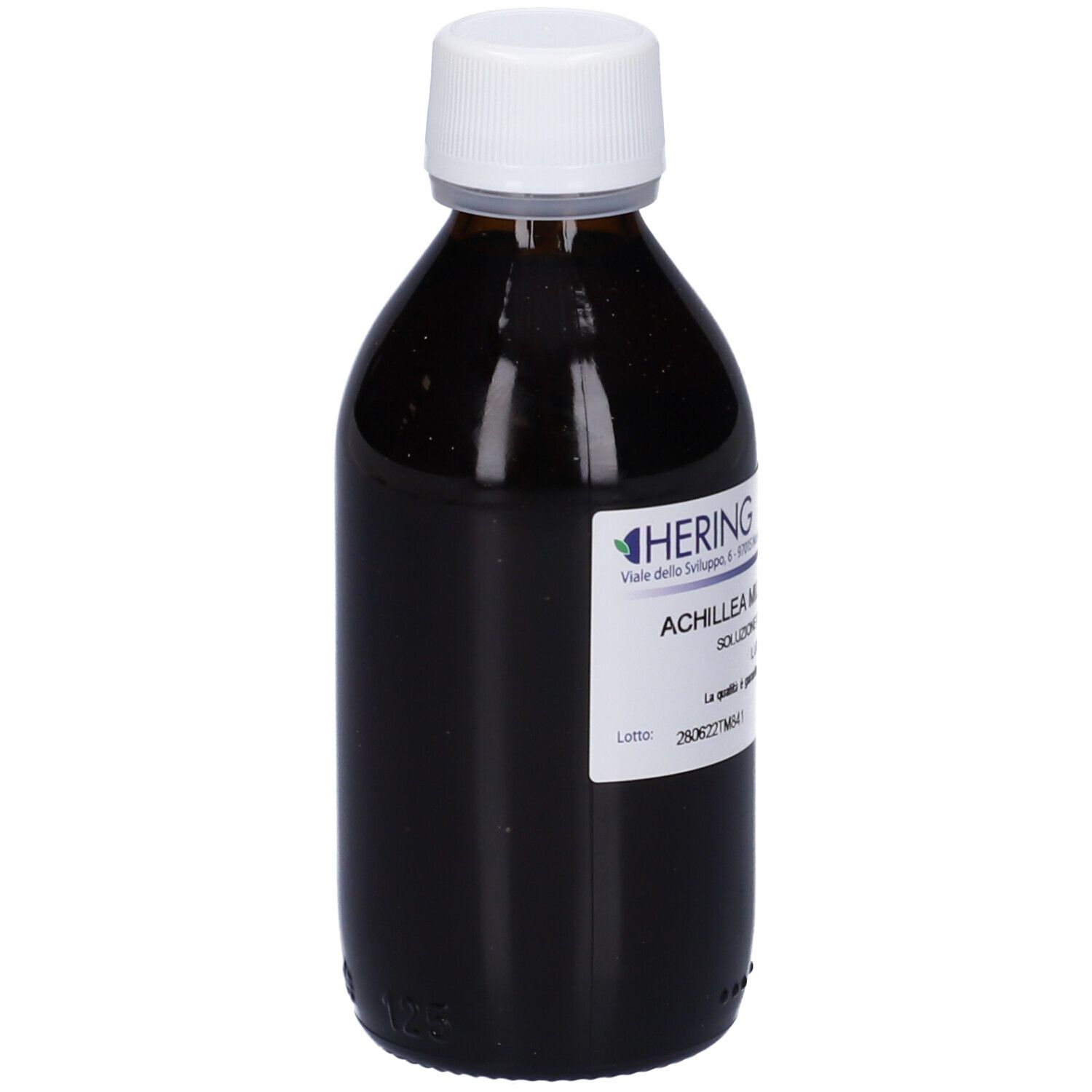 Flacone in vetro marrone con tappo a vite bianco, contenente liquido scuro. Vista laterale.