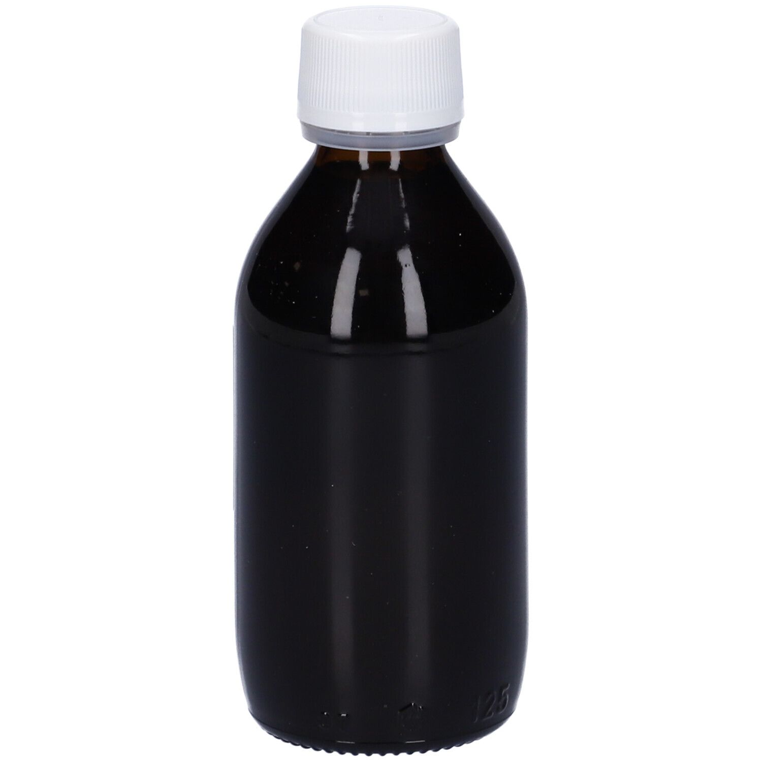 Flacone in vetro marrone con tappo a vite bianco, contenente liquido scuro. Vista posteriore.
